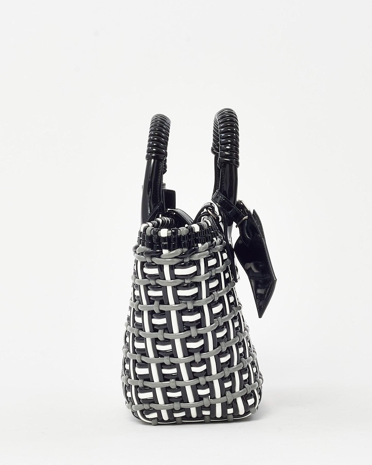 Balenciaga Black/White/Grey Patent Leather Woven Bistro XS Basket Bag with Strap
