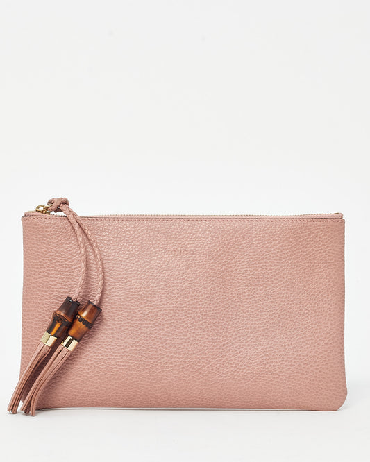 Gucci Pink Pebbled Leather Bamboo Tassel Zip Pouch Clutch