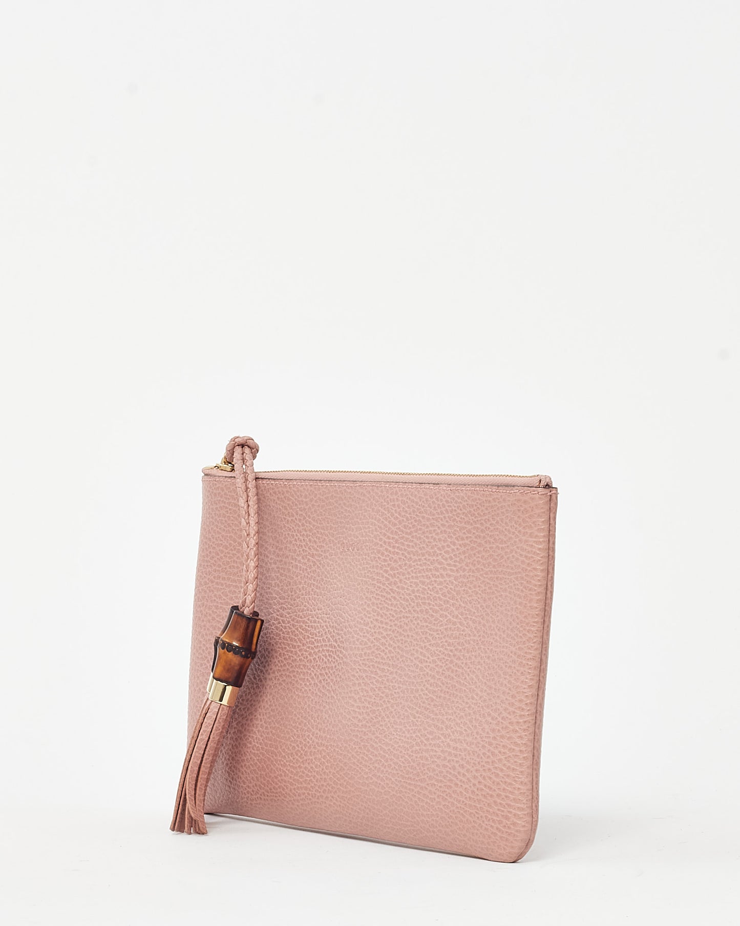 Gucci Pink Pebbled Leather Bamboo Tassel Zip Pouch Clutch