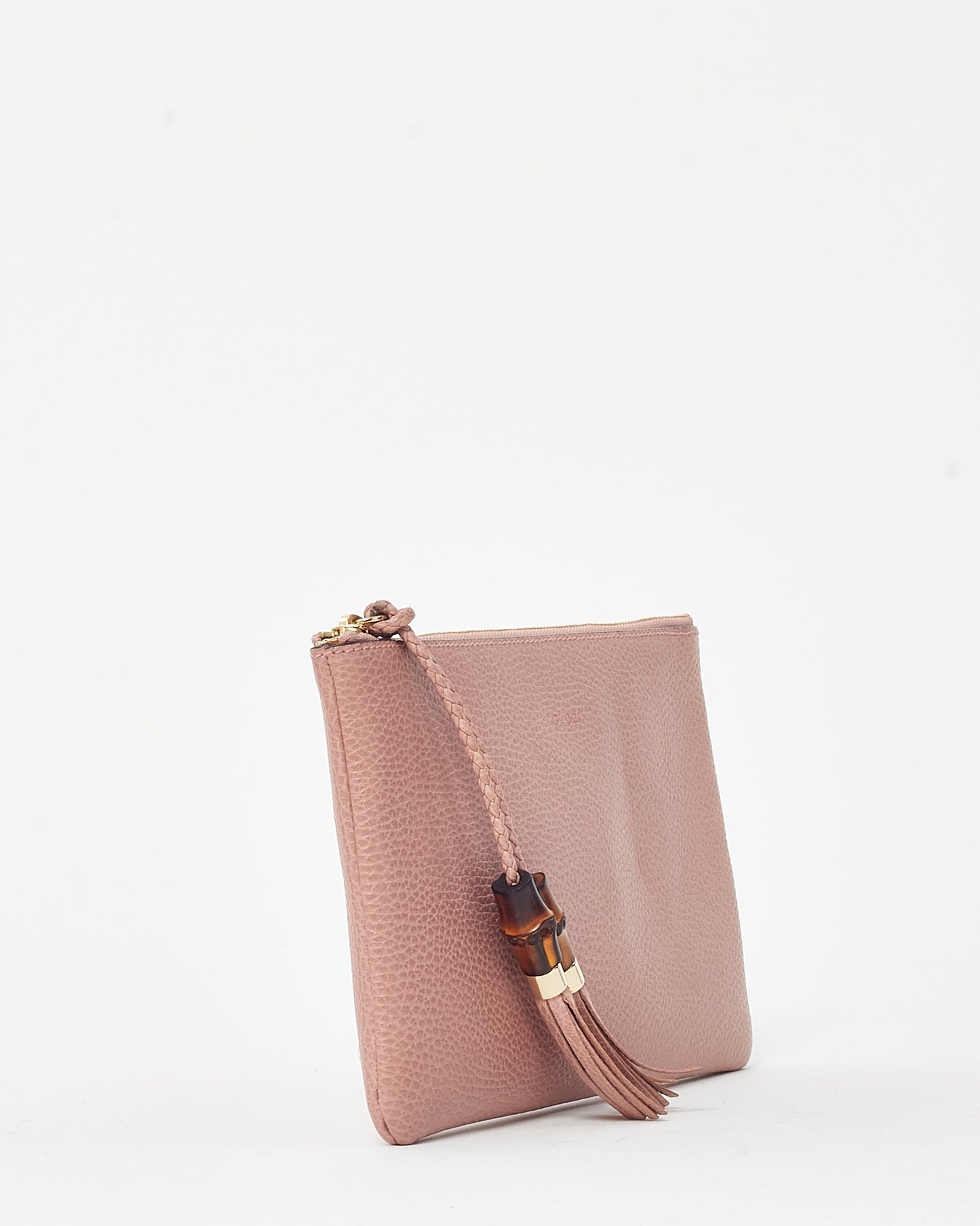Gucci Pink Pebbled Leather Bamboo Tassel Zip Pouch Clutch