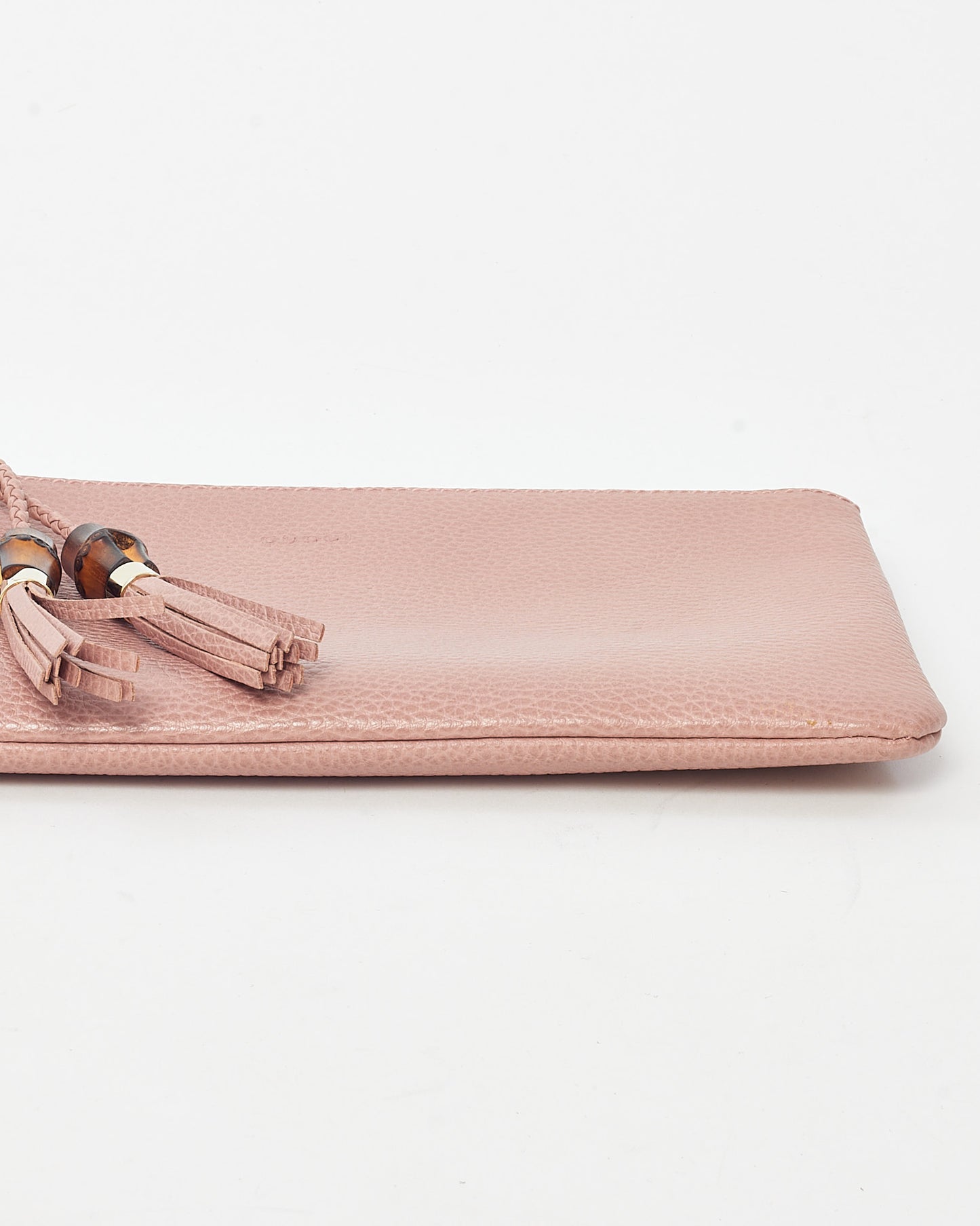 Gucci Pink Pebbled Leather Bamboo Tassel Zip Pouch Clutch