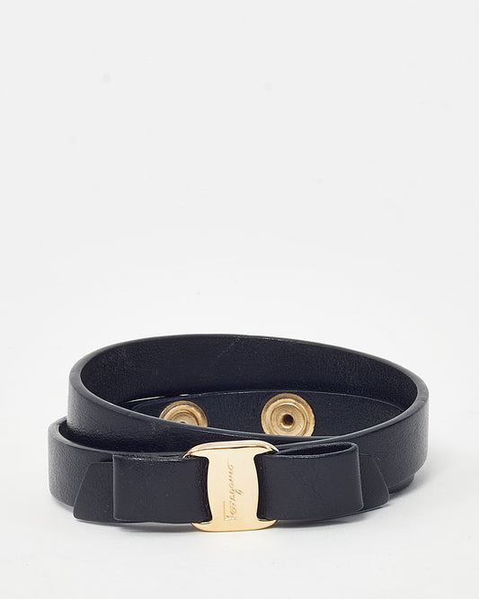 Salvatore Ferragamo Black Leather GHW Vara Bow Wrap Bracelet