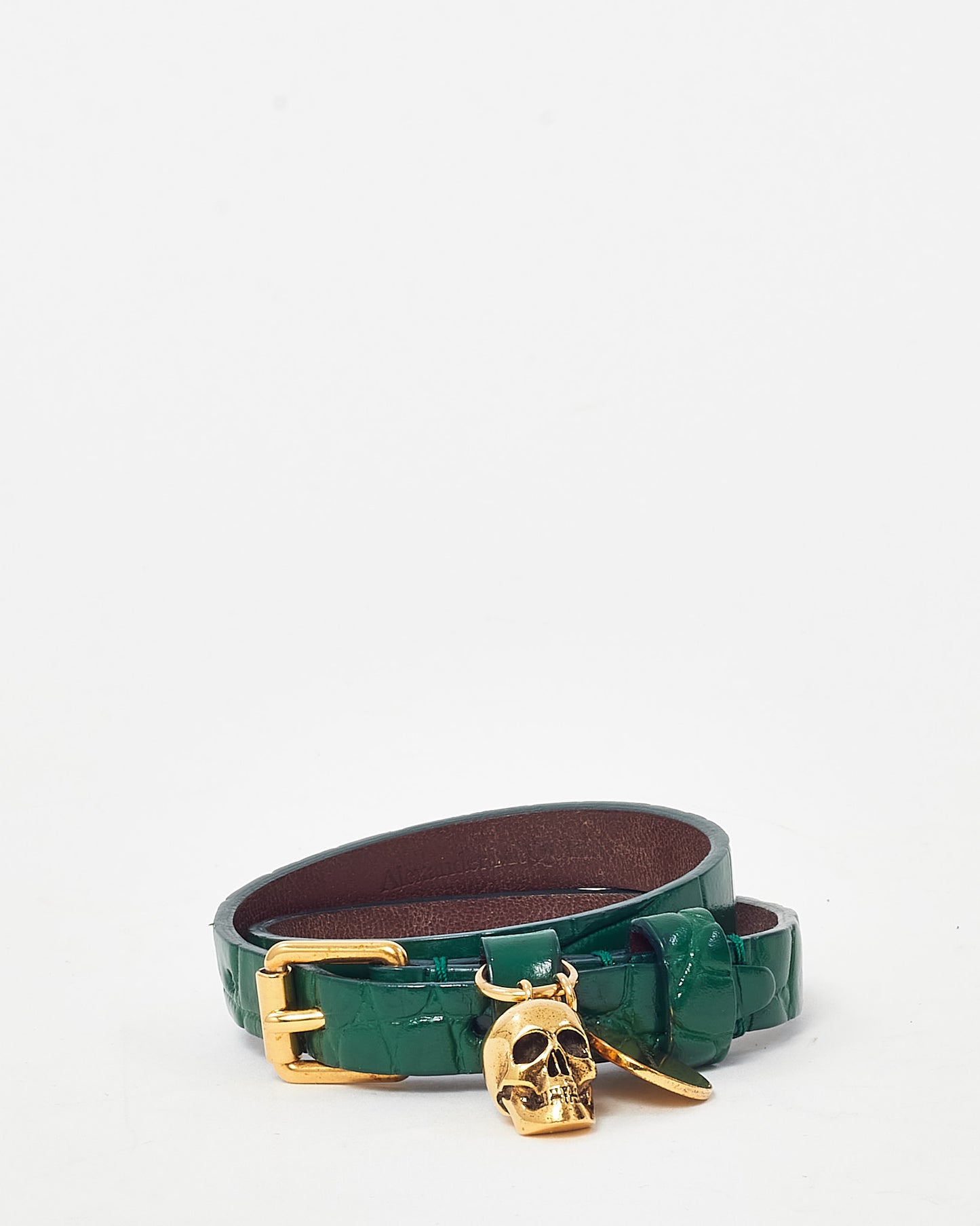 Alexander McQueen Green Croc Leather Skull Charm Wrap Bracelet Unisex