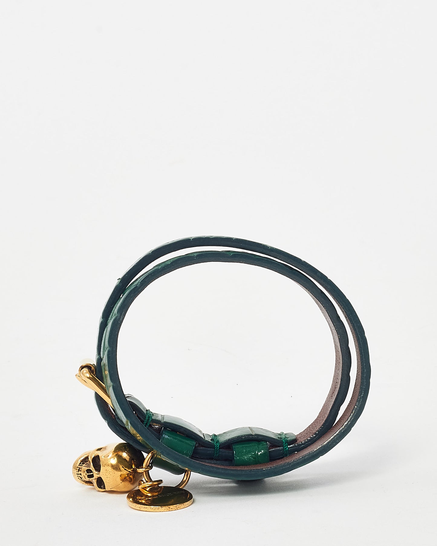 Alexander McQueen Green Croc Leather Skull Charm Wrap Bracelet Unisex