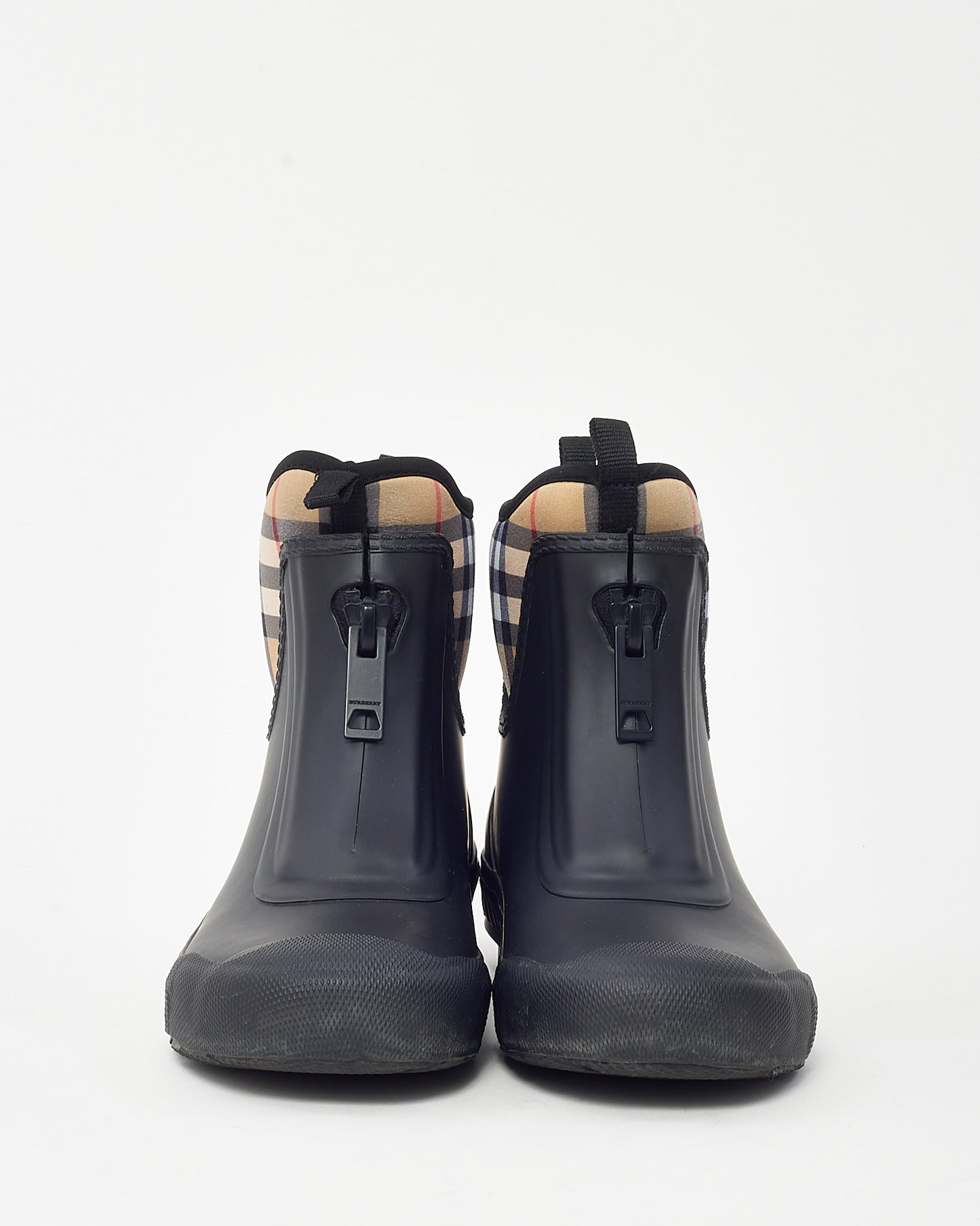 Burberry Black Rubber and Beige Check Flinton Rain Booties - 38