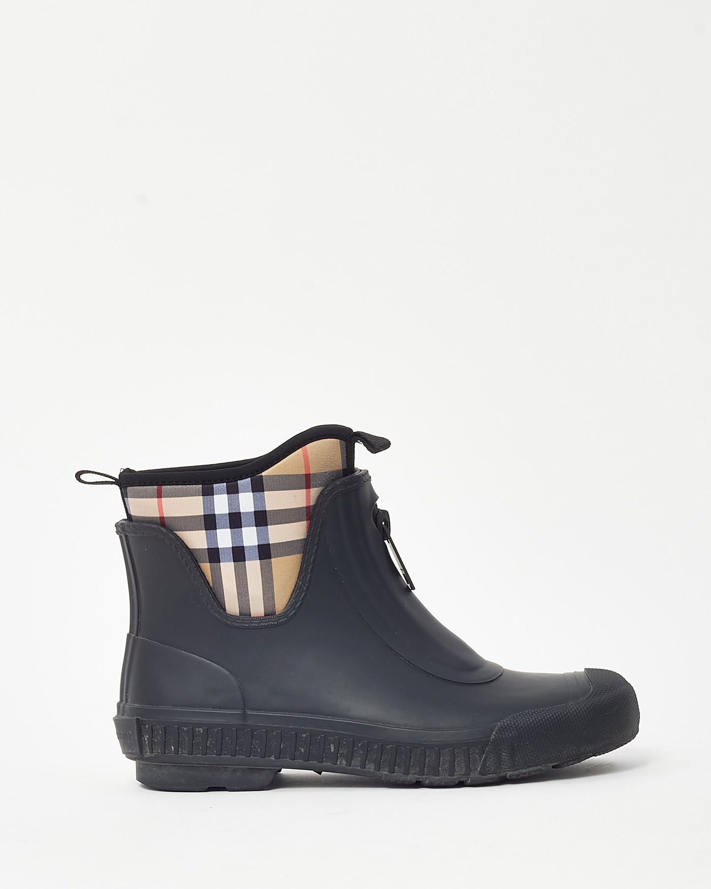 Burberry Black Rubber and Beige Check Flinton Rain Booties - 38