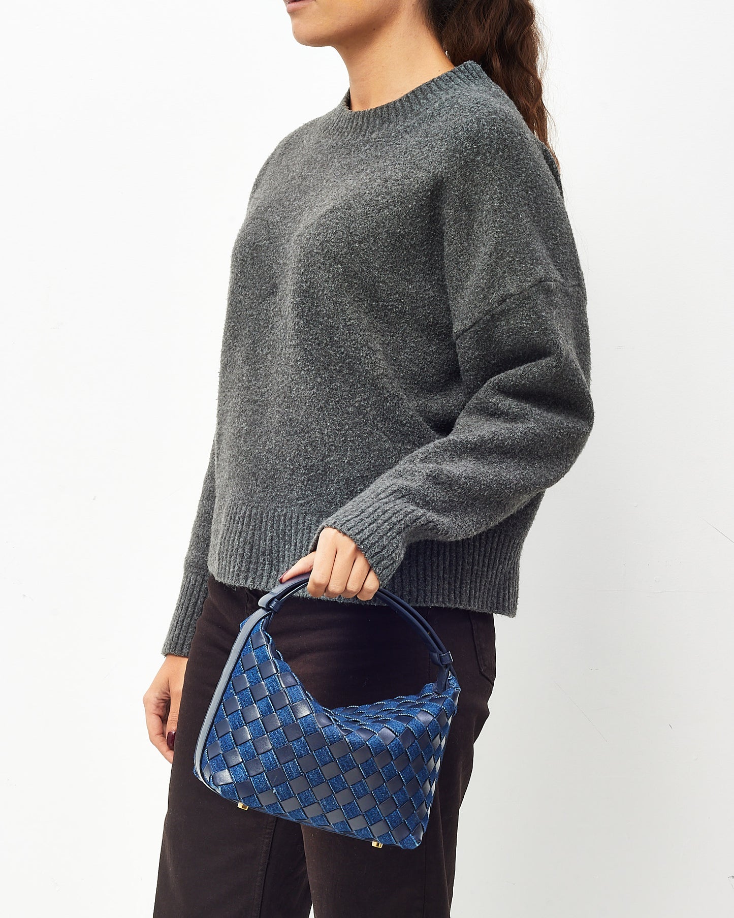 Bottega Veneta Navy and Indigo Intrecciato-Woven Leather and Denim Mini Wallace Bag