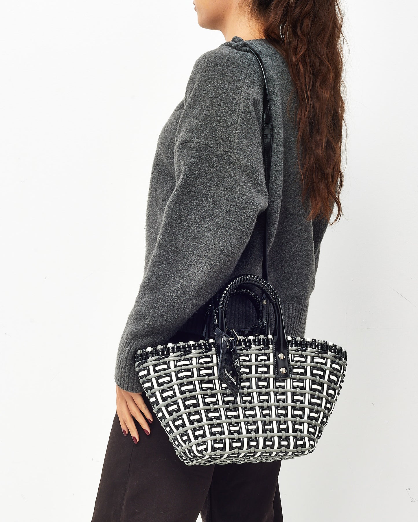 Balenciaga Black/White/Grey Patent Leather Woven Bistro XS Basket Bag with Strap