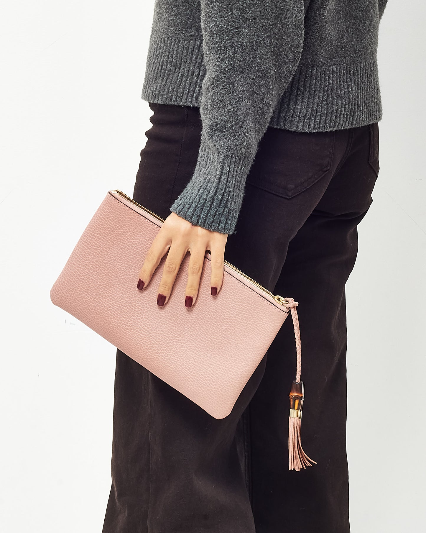 Gucci Pink Pebbled Leather Bamboo Tassel Zip Pouch Clutch