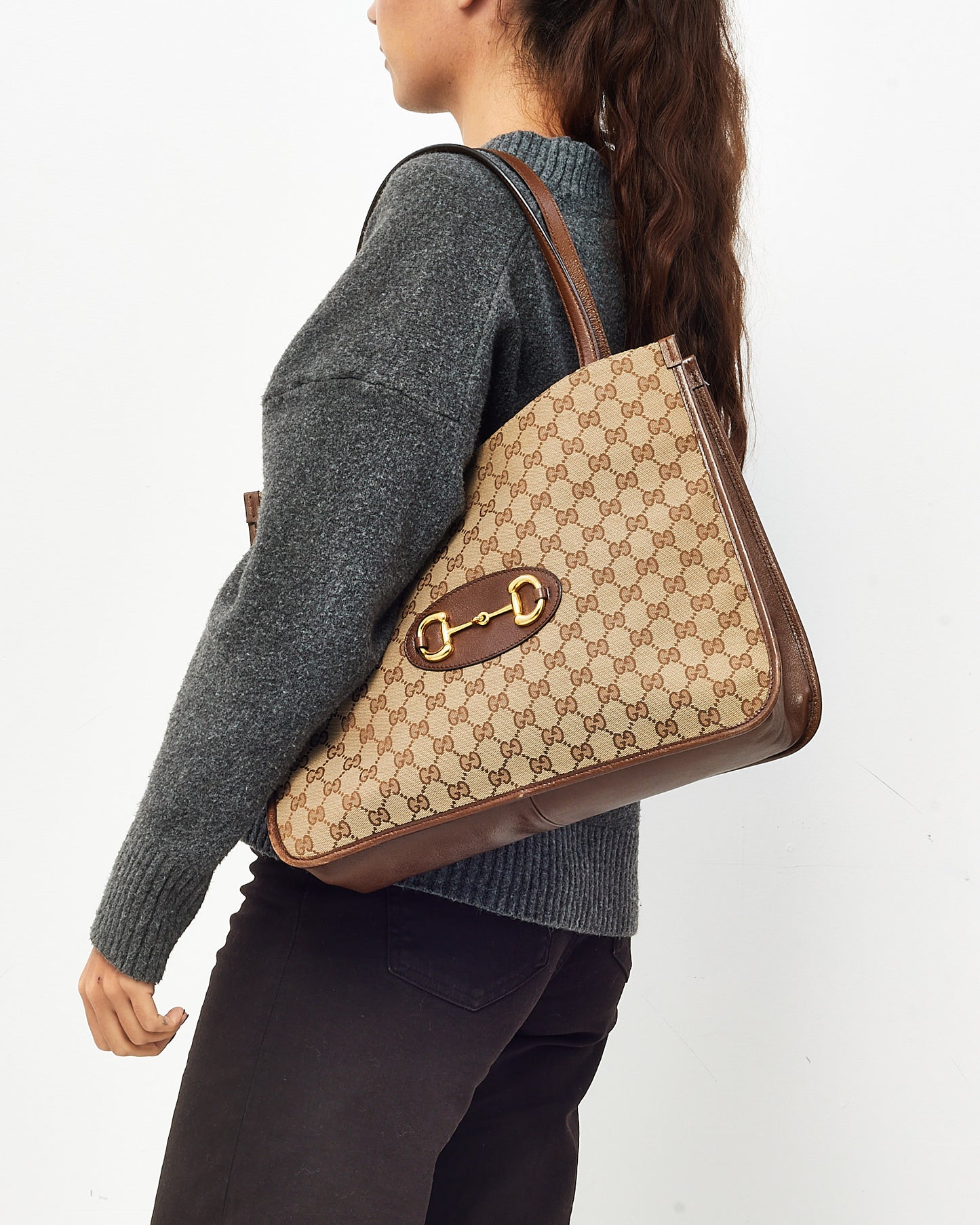 Gucci Beige and Brown GG Monogram Canvas Horsebit 1955 Tote Bag