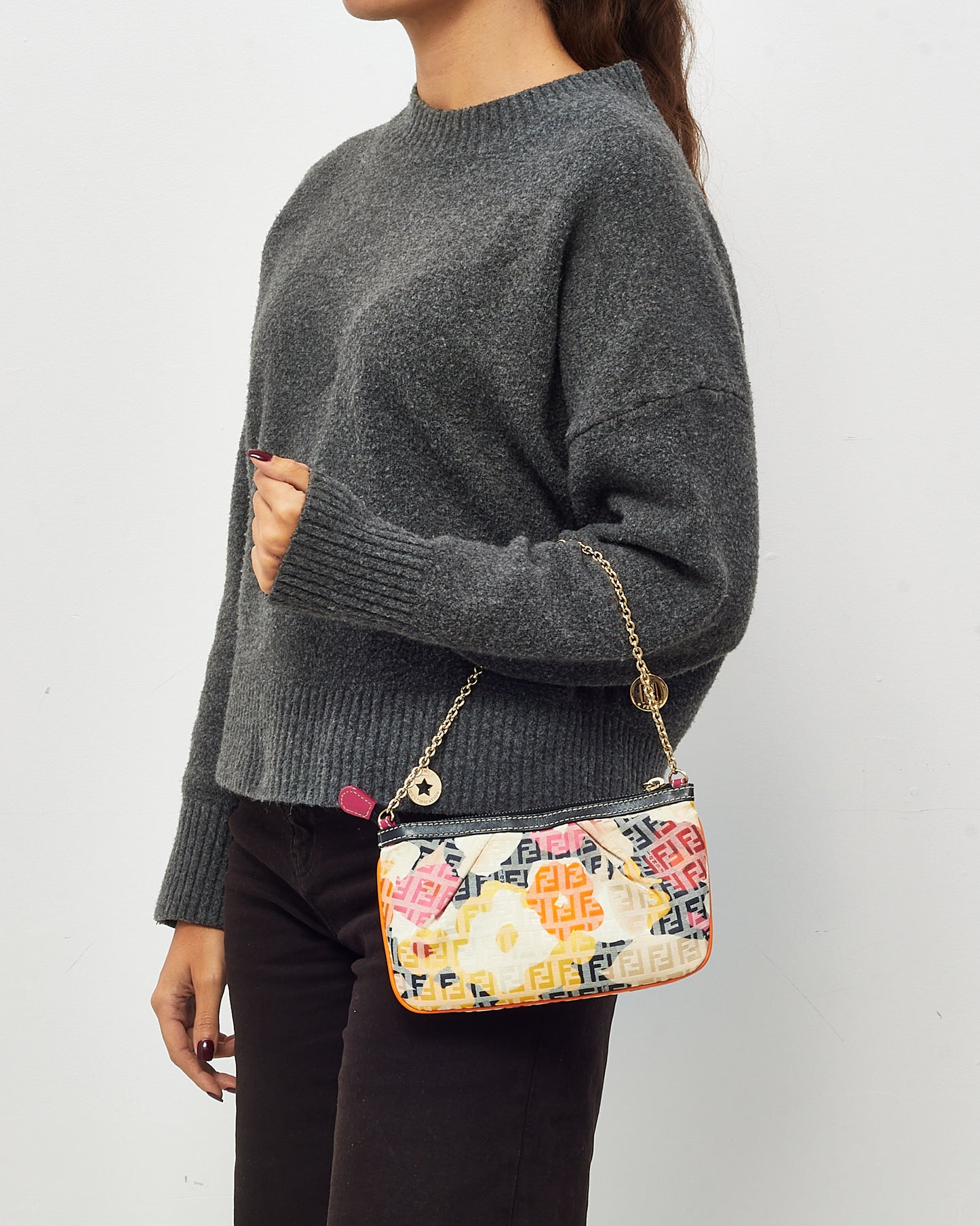 Fendi White and Multi Zucchino Canvas Flower Chain Pochette