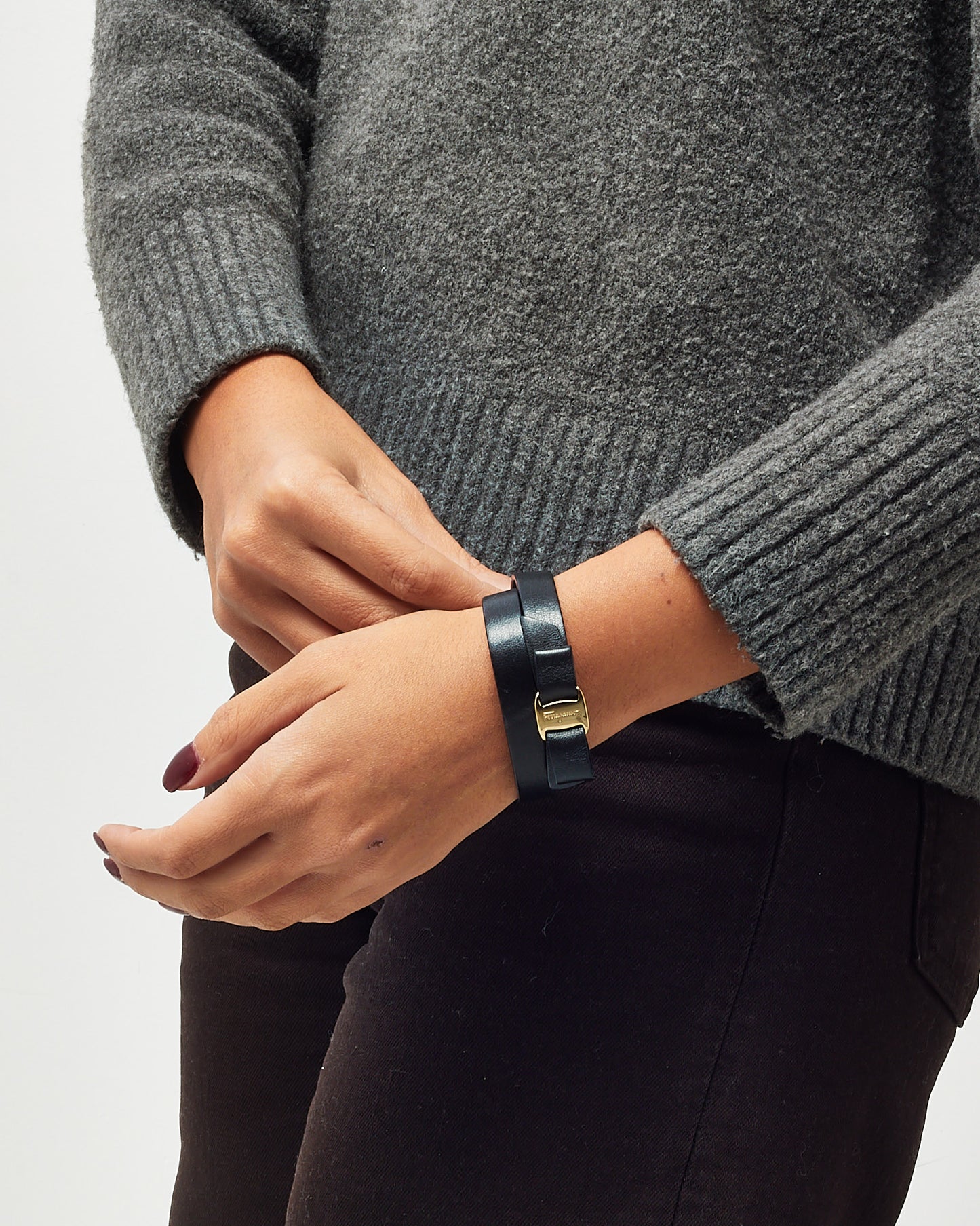 Salvatore Ferragamo Black Leather GHW Vara Bow Wrap Bracelet