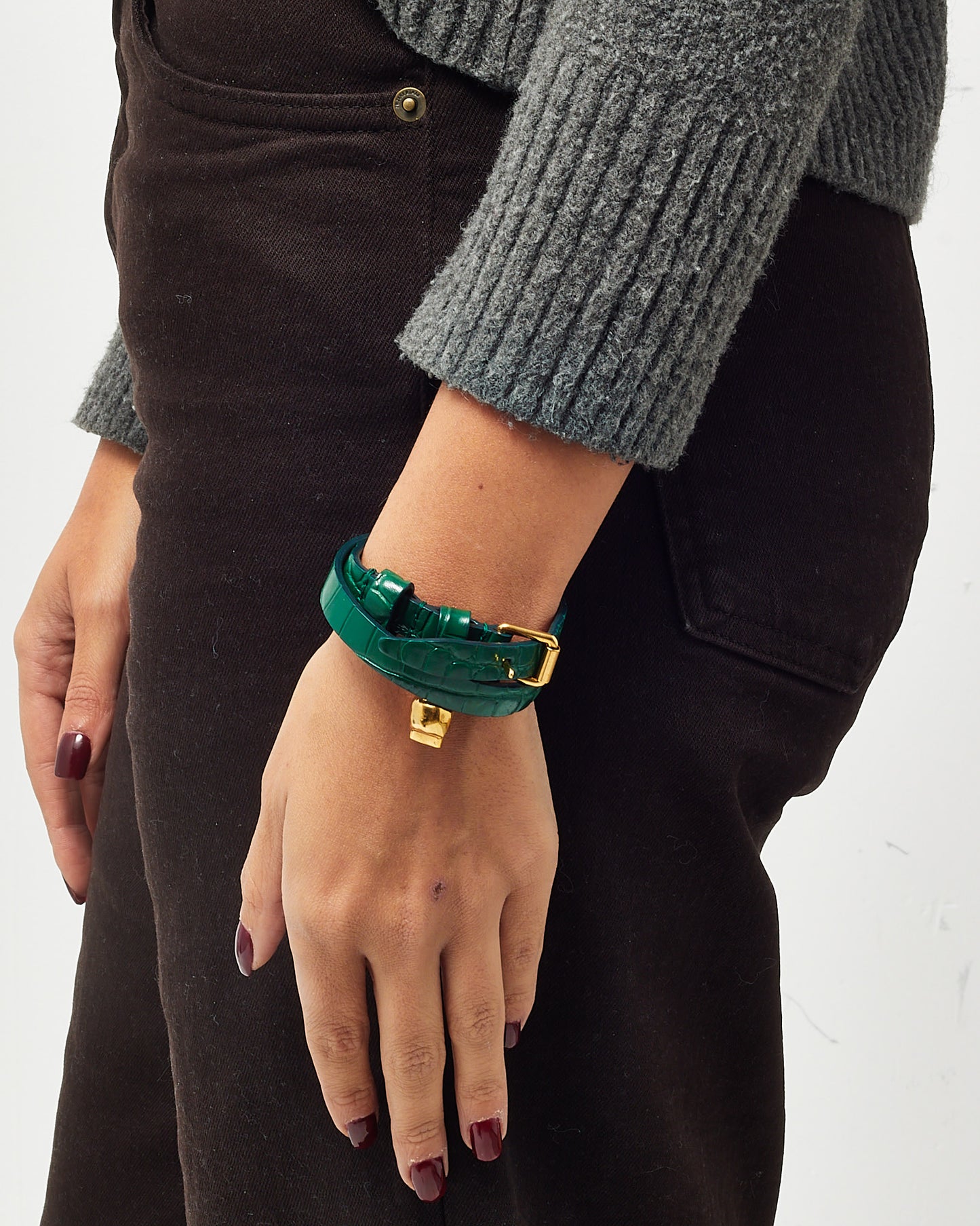 Alexander McQueen Green Croc Leather Skull Charm Wrap Bracelet Unisex