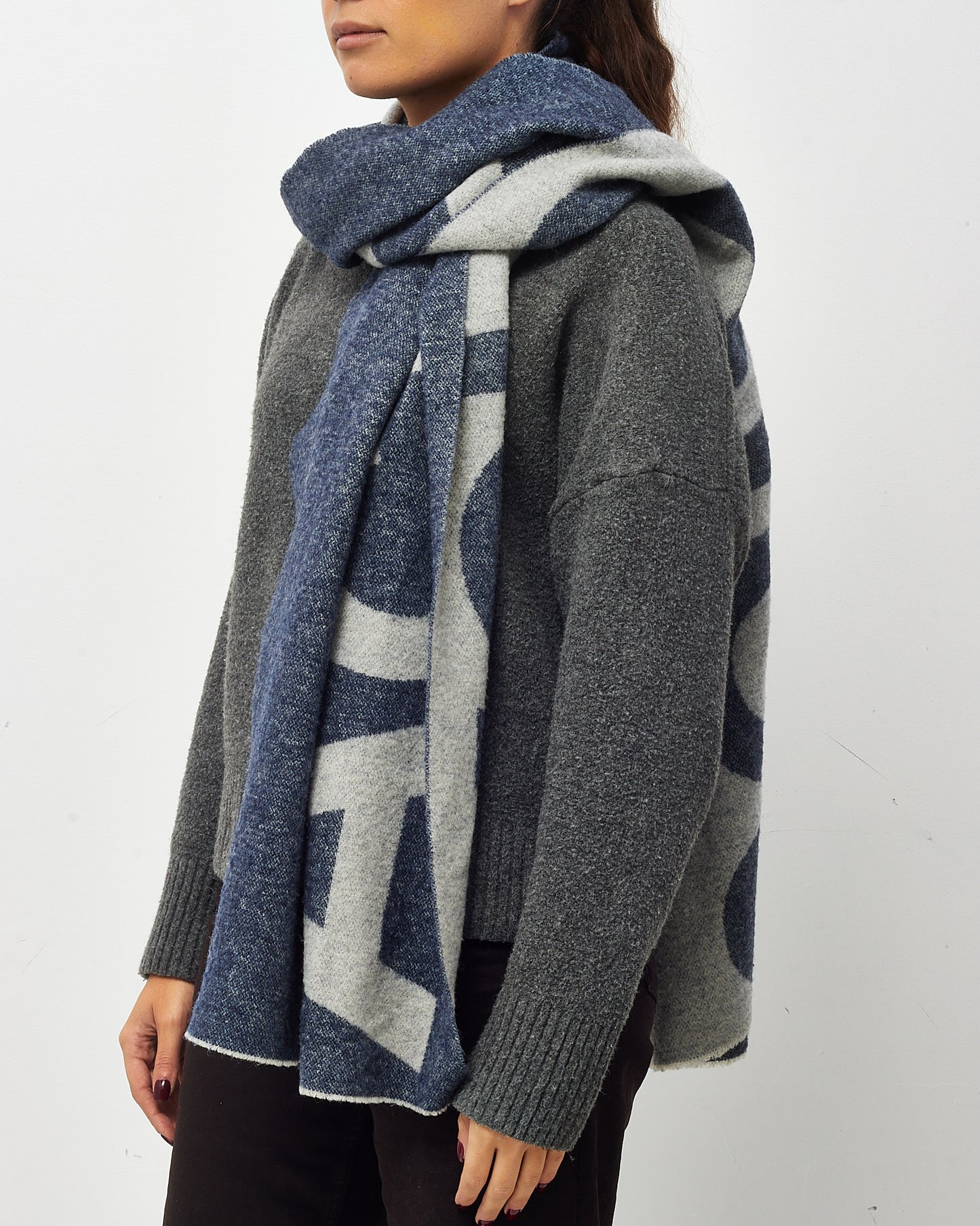 Acne Studios Navy and Grey Wool-Blend Toronty Logo Jacquard Scarf