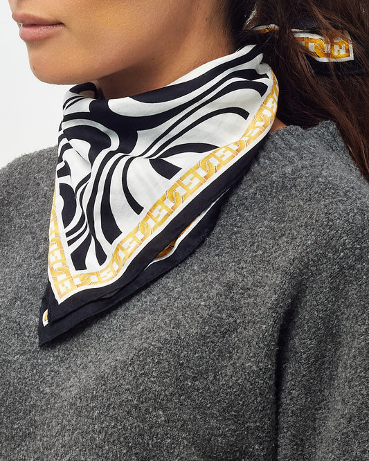 Fendi Black and White Wavy Pattern Chain Border Cotton Square Scarf