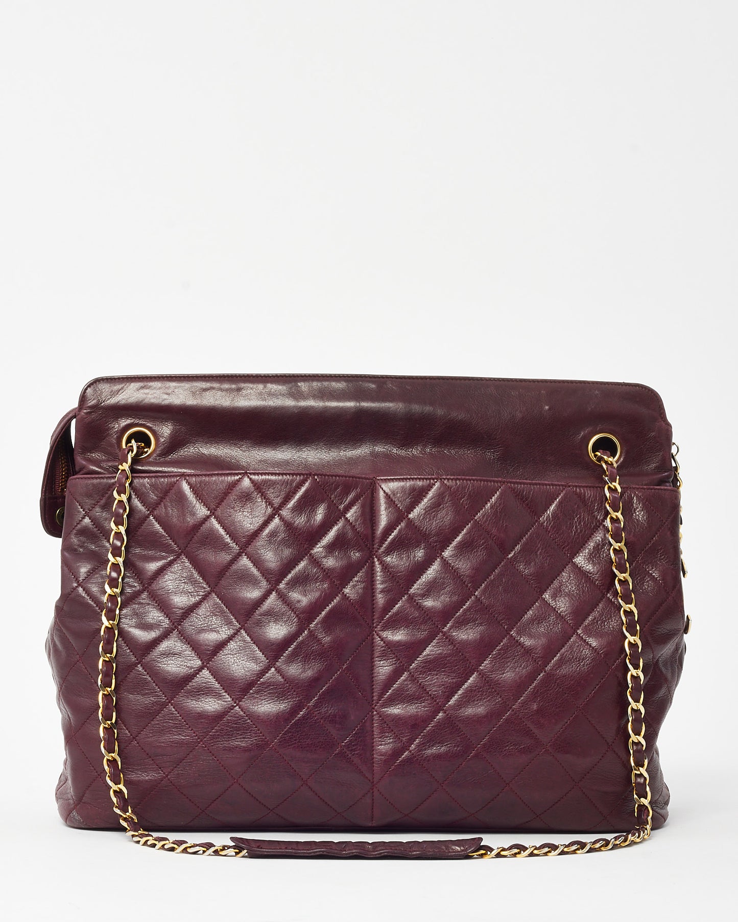 Chanel Vintage Burgundy Quilted Calfskin Leather CC Charm Chain Tote Bag GHW