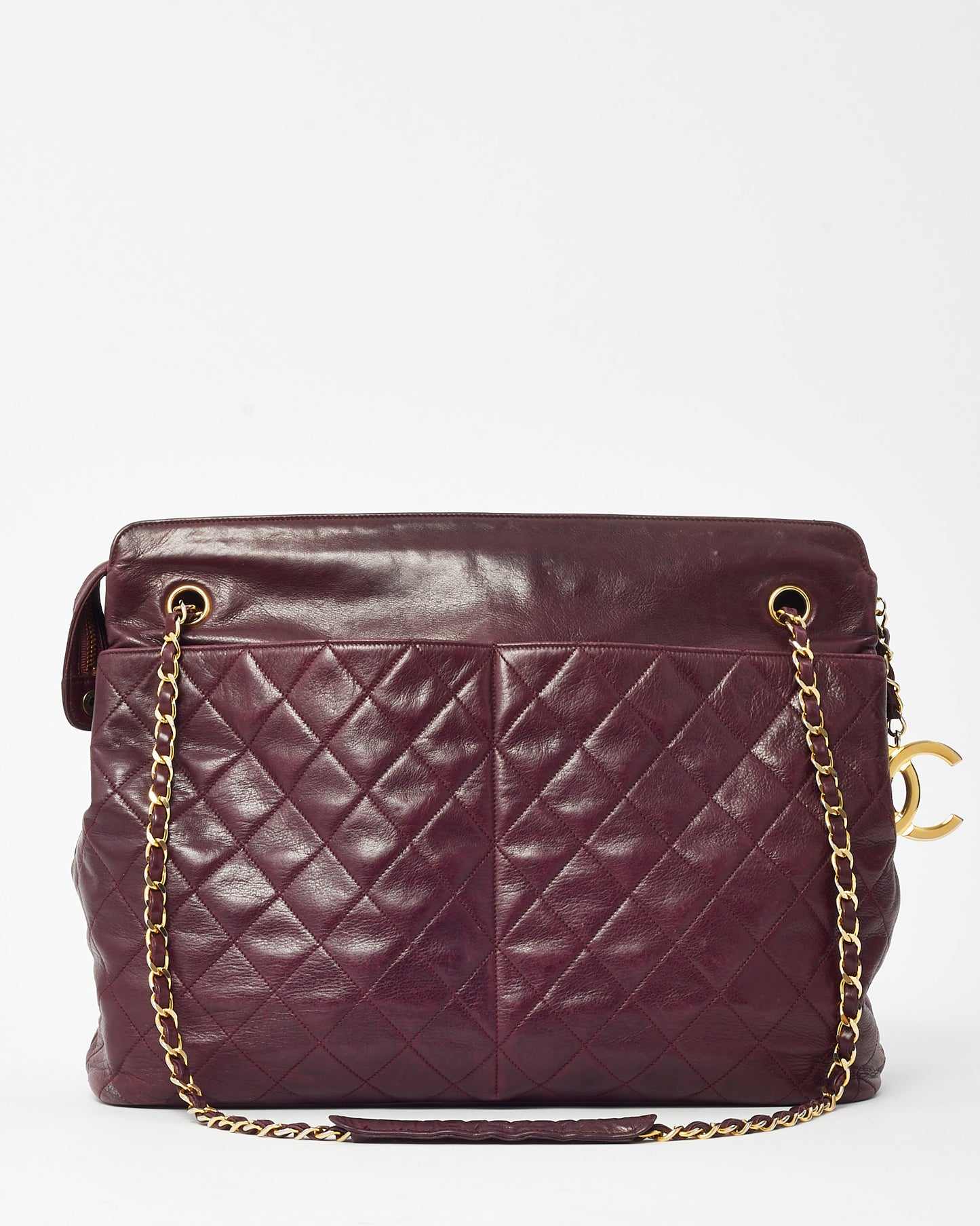 Chanel Vintage Burgundy Quilted Calfskin Leather CC Charm Chain Tote Bag GHW