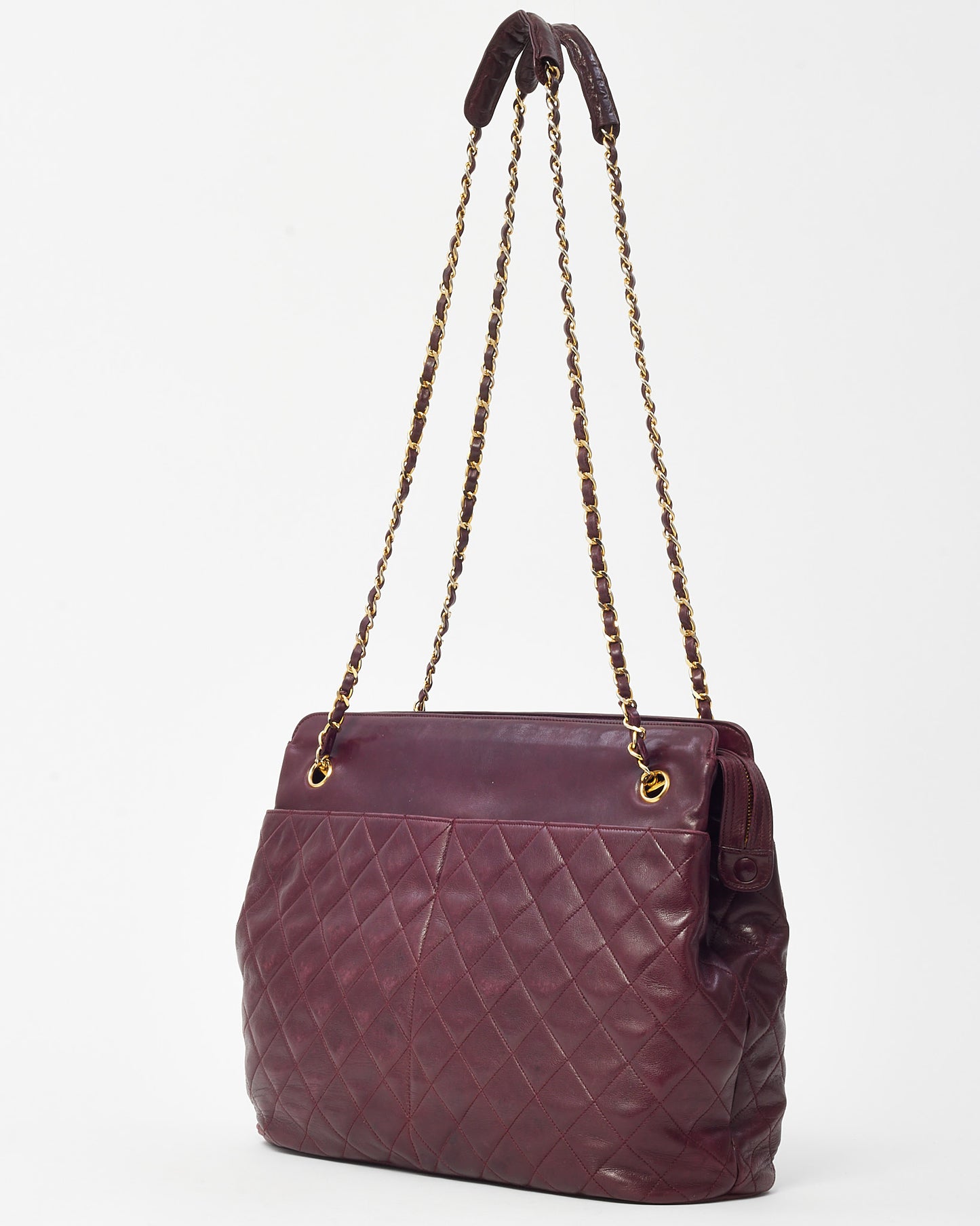 Chanel Vintage Burgundy Quilted Calfskin Leather CC Charm Chain Tote Bag GHW