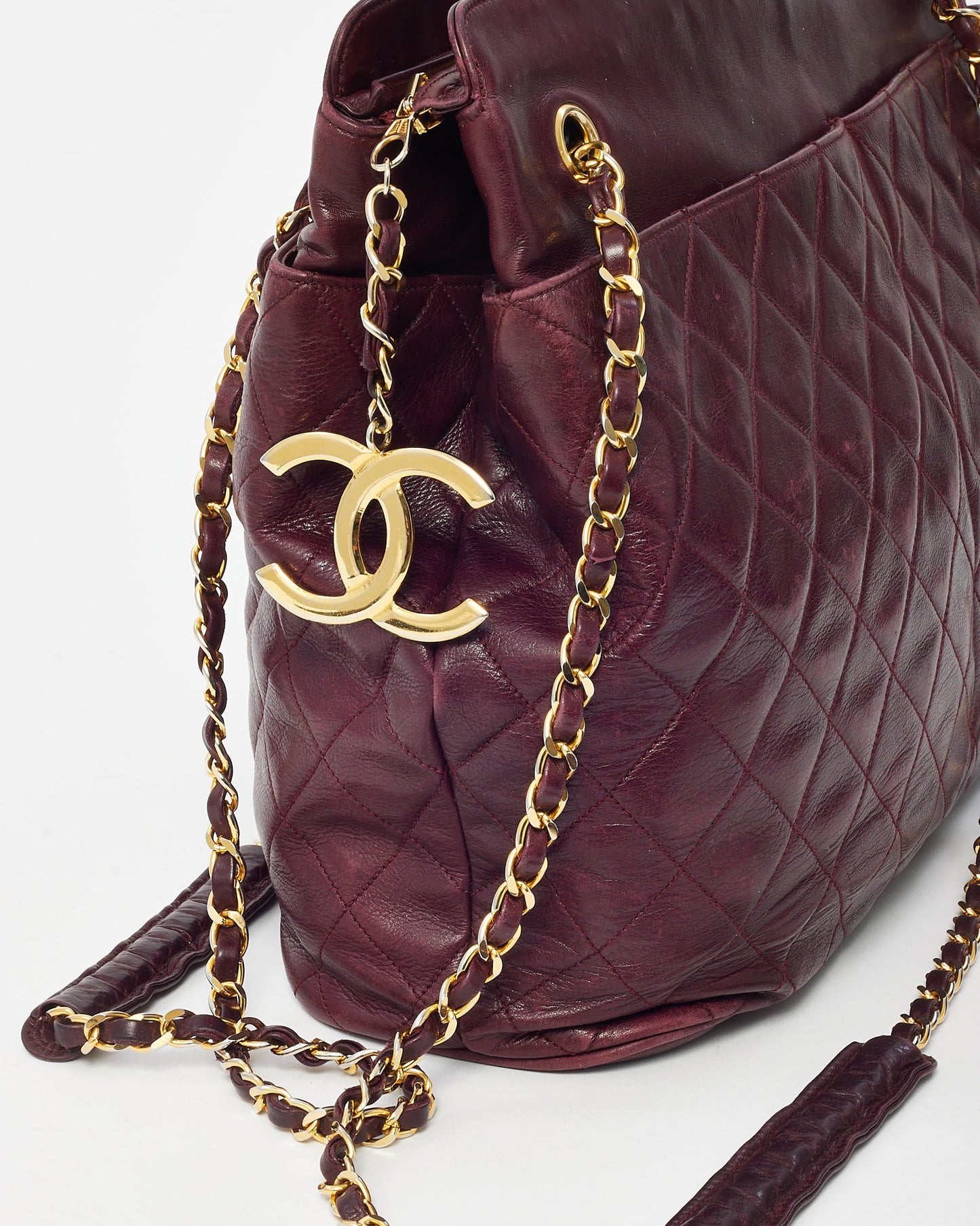 Chanel Vintage Burgundy Quilted Calfskin Leather CC Charm Chain Tote Bag GHW