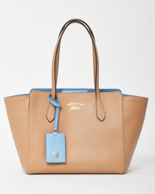 Gucci Beige with Blue Trim Pebbled Leather Medium Swing Tote