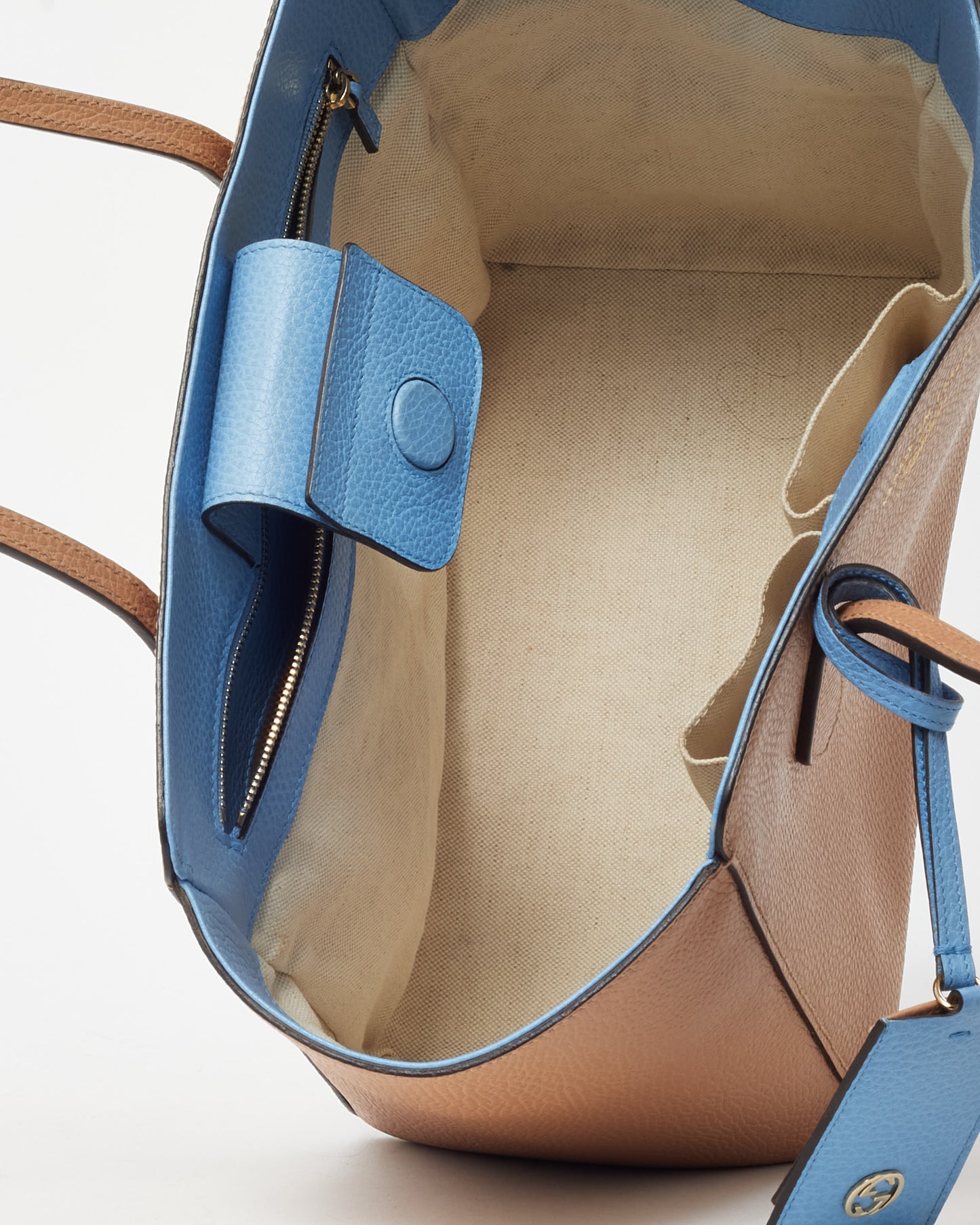 Gucci Beige with Blue Trim Pebbled Leather Medium Swing Tote