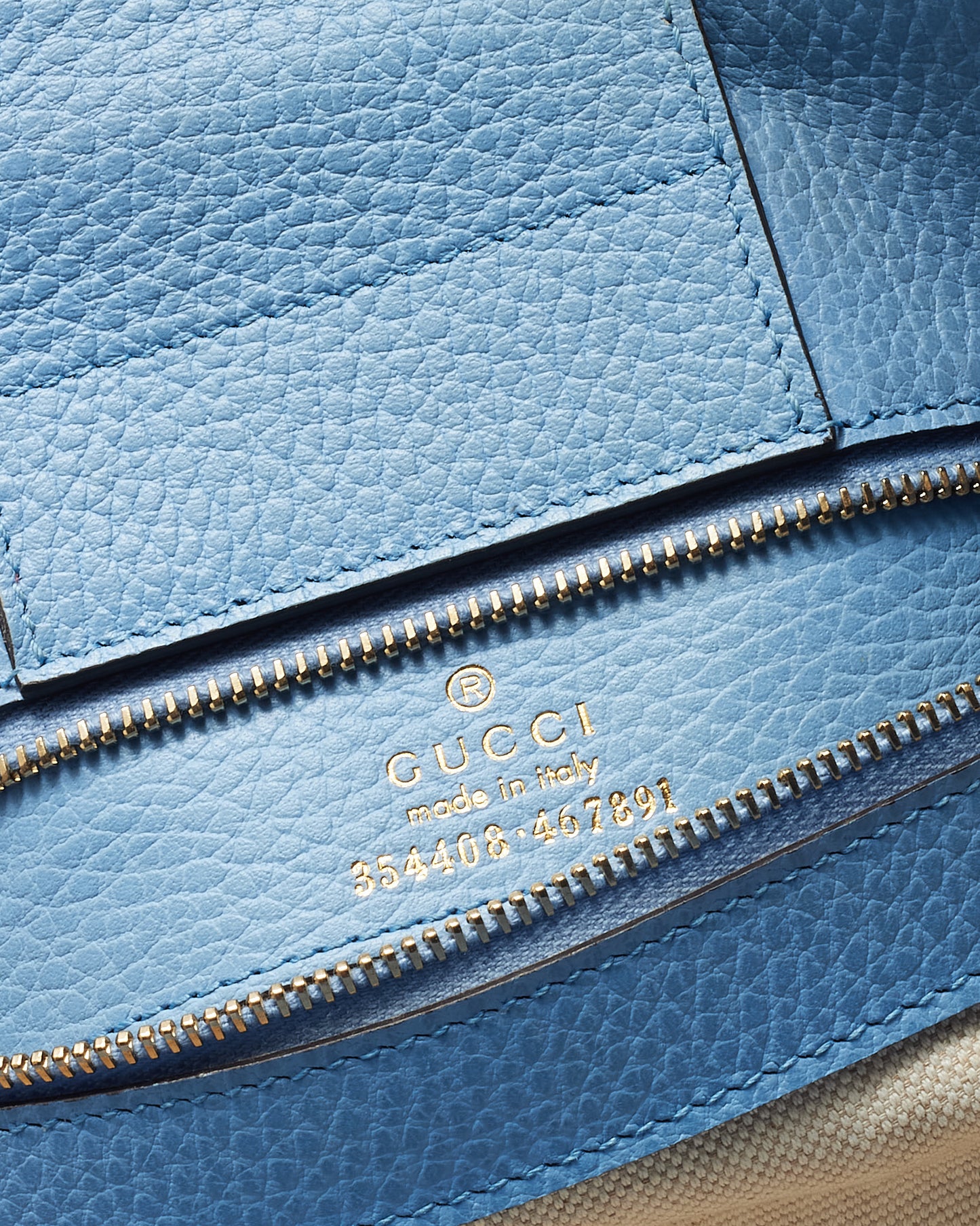 Gucci Beige with Blue Trim Pebbled Leather Medium Swing Tote