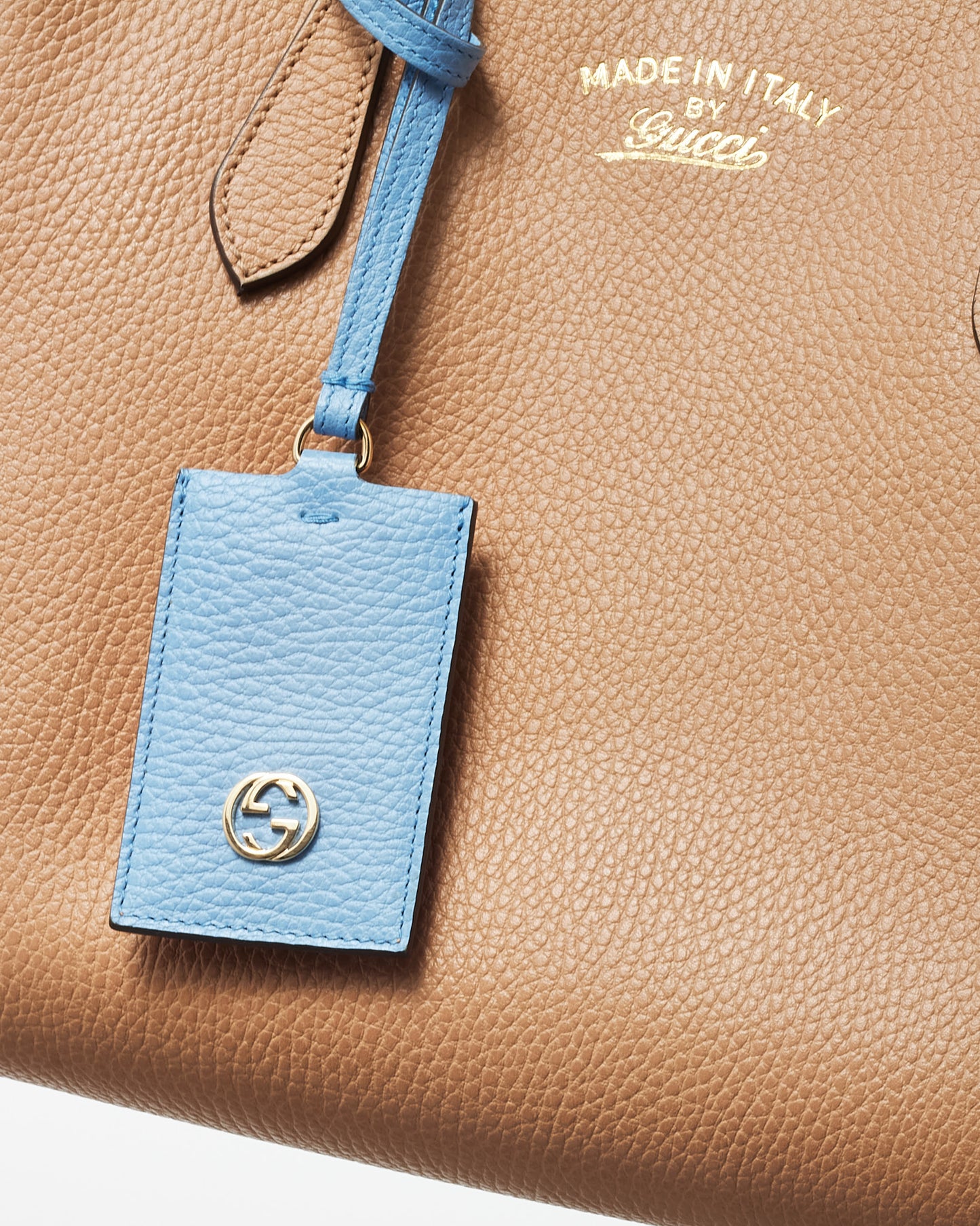 Gucci Beige with Blue Trim Pebbled Leather Medium Swing Tote