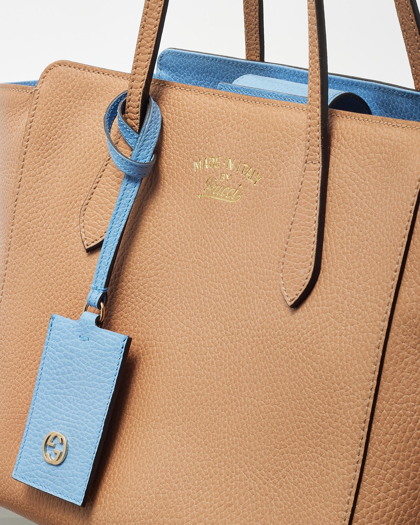 Gucci Beige with Blue Trim Pebbled Leather Medium Swing Tote