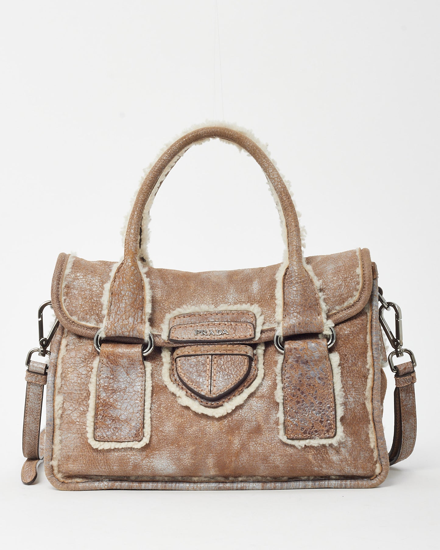 Prada Brown Suede and Shearling Buckle 2way Top Handle Bag with Strap