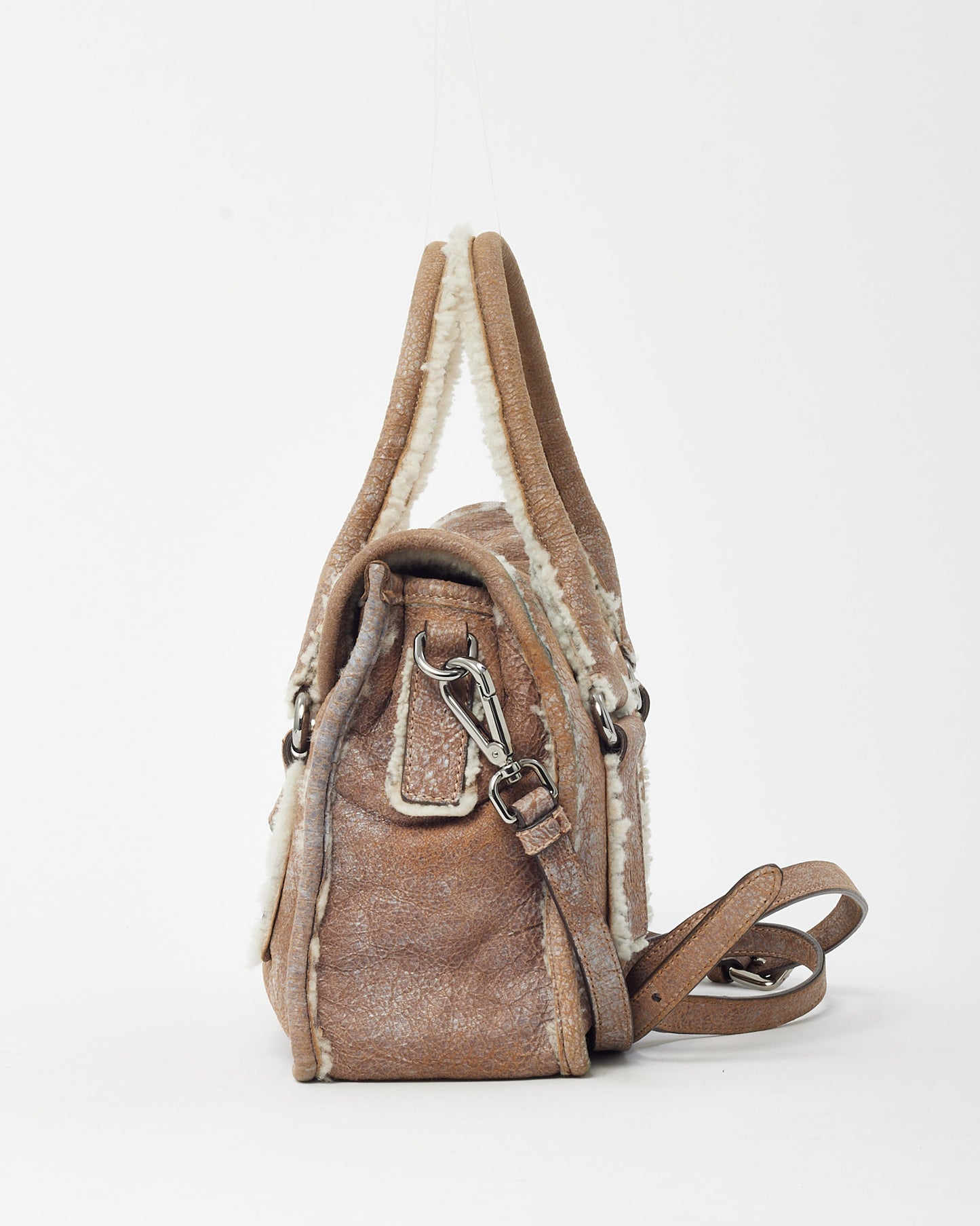 Prada Brown Suede and Shearling Buckle 2way Top Handle Bag with Strap