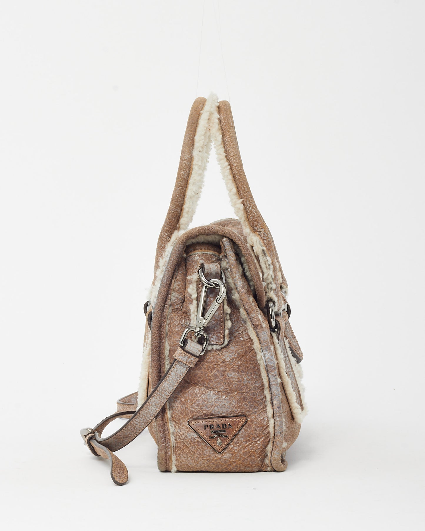 Prada Brown Suede and Shearling Buckle 2way Top Handle Bag with Strap