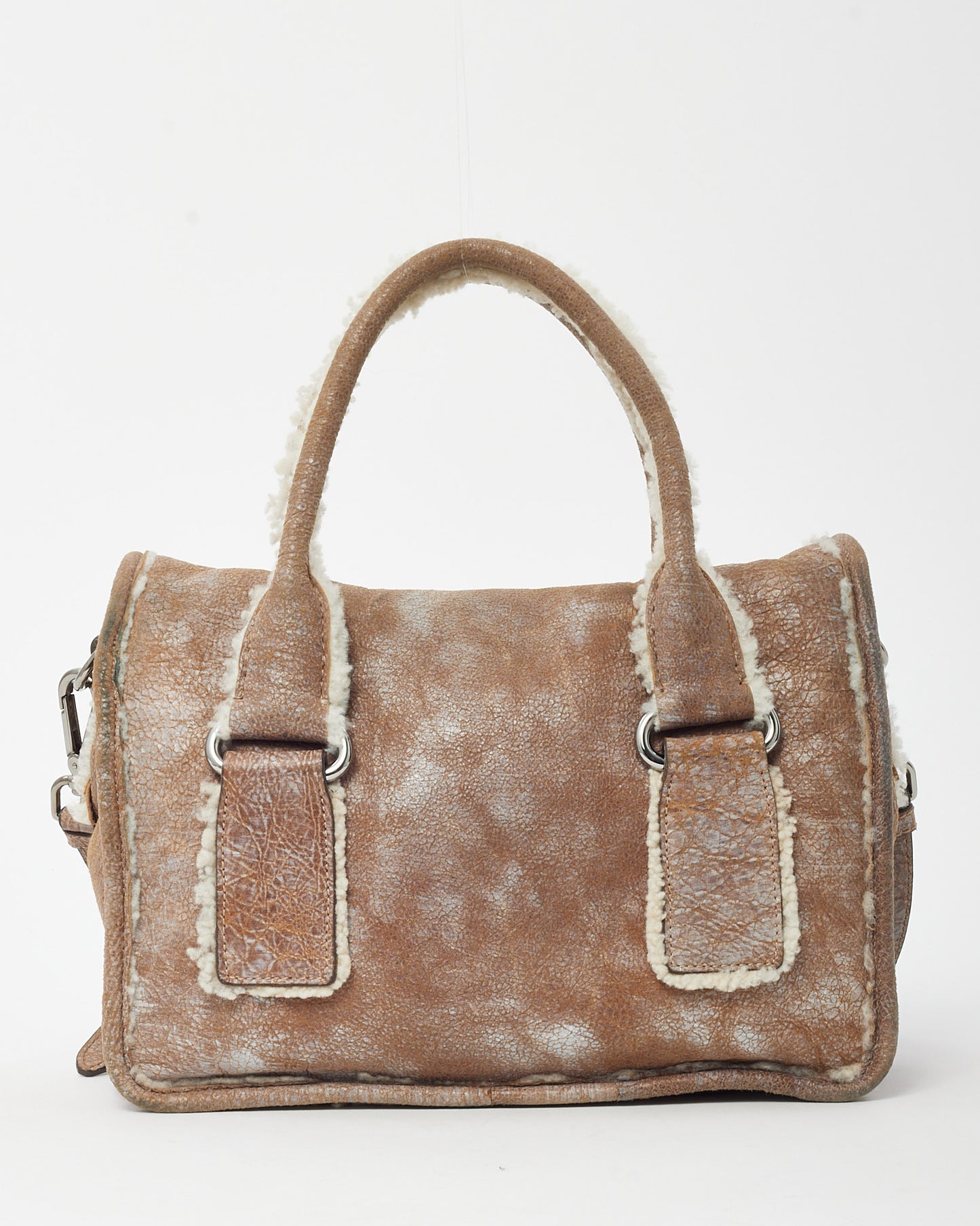Prada Brown Suede and Shearling Buckle 2way Top Handle Bag with Strap