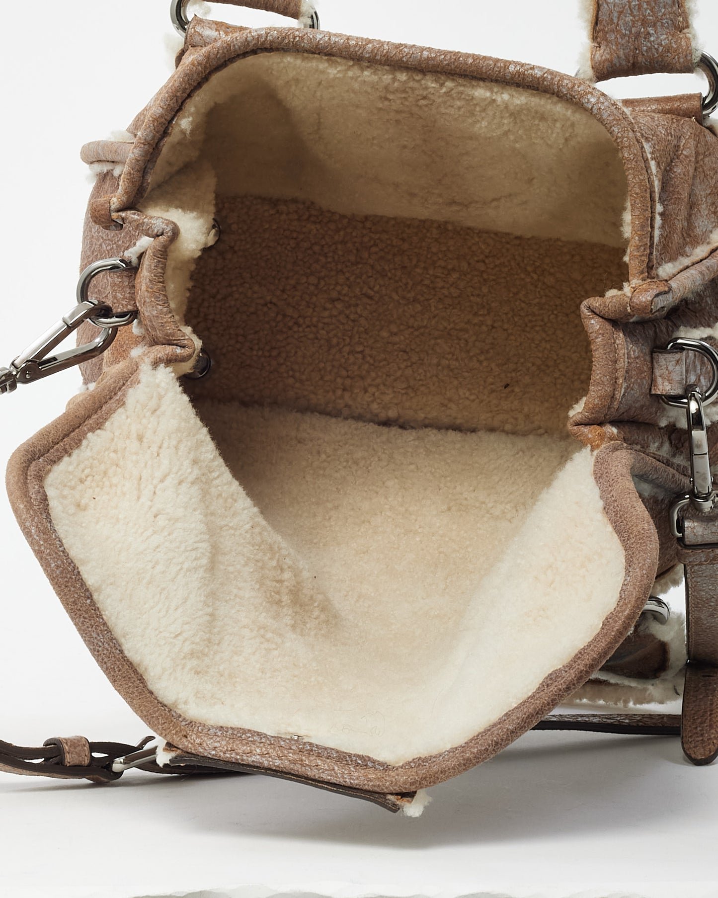 Prada Brown Suede and Shearling Buckle 2way Top Handle Bag with Strap