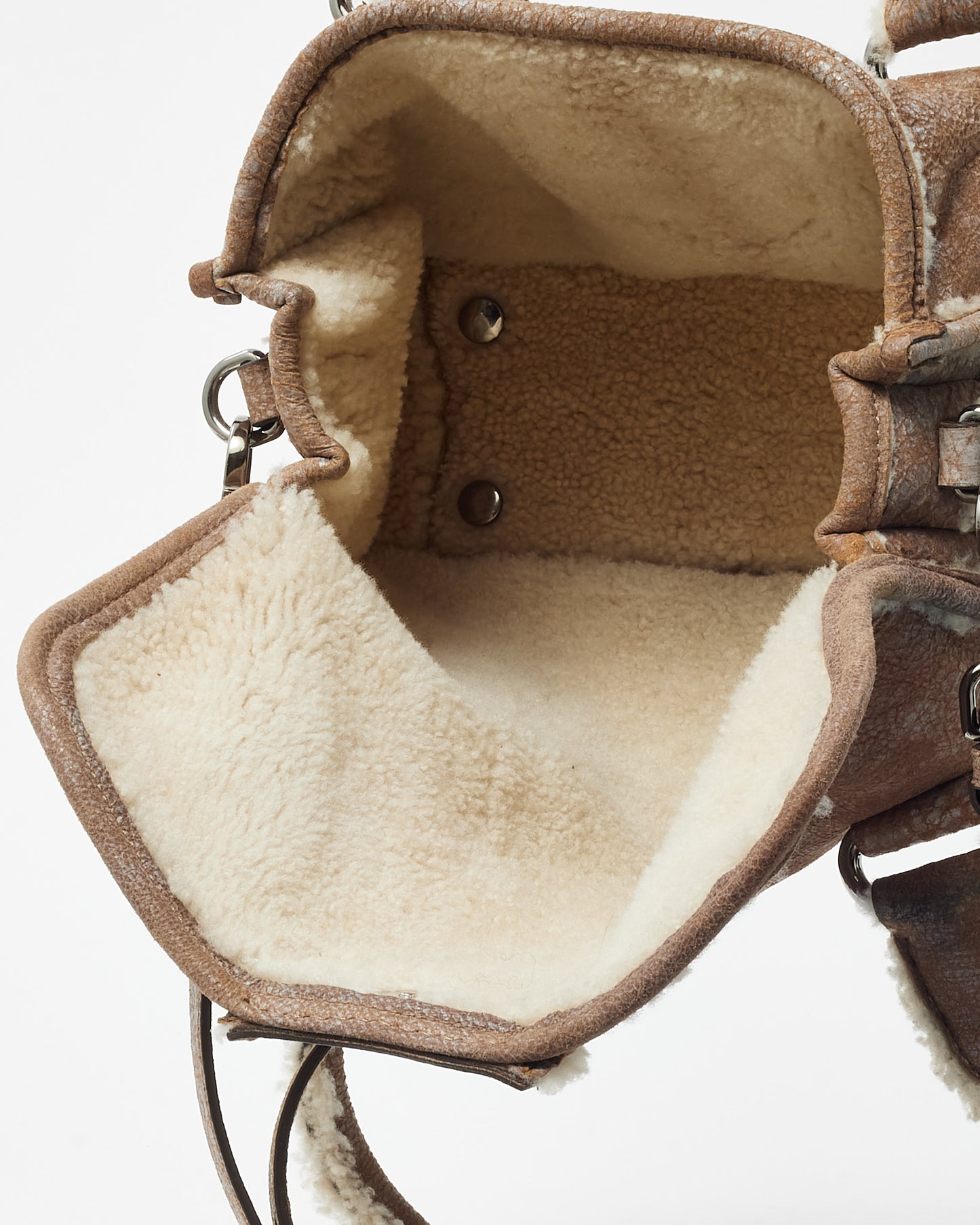 Prada Brown Suede and Shearling Buckle 2way Top Handle Bag with Strap