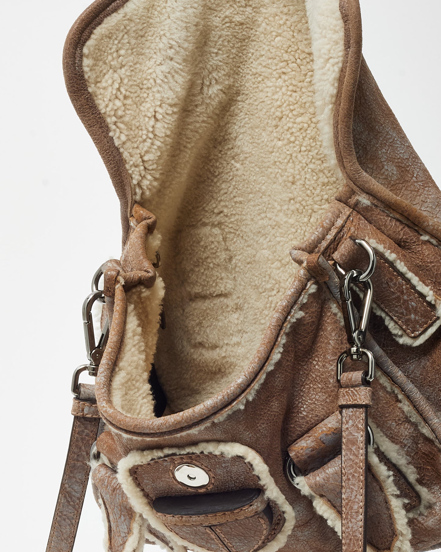 Prada Brown Suede and Shearling Buckle 2way Top Handle Bag with Strap