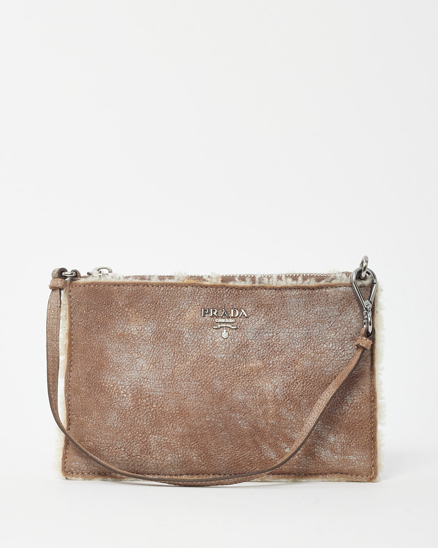 Prada Brown Suede and Shearling Pochette Shoulder Bag