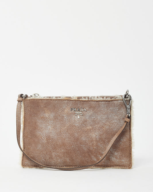 Prada Brown Suede and Shearling Pochette Shoulder Bag