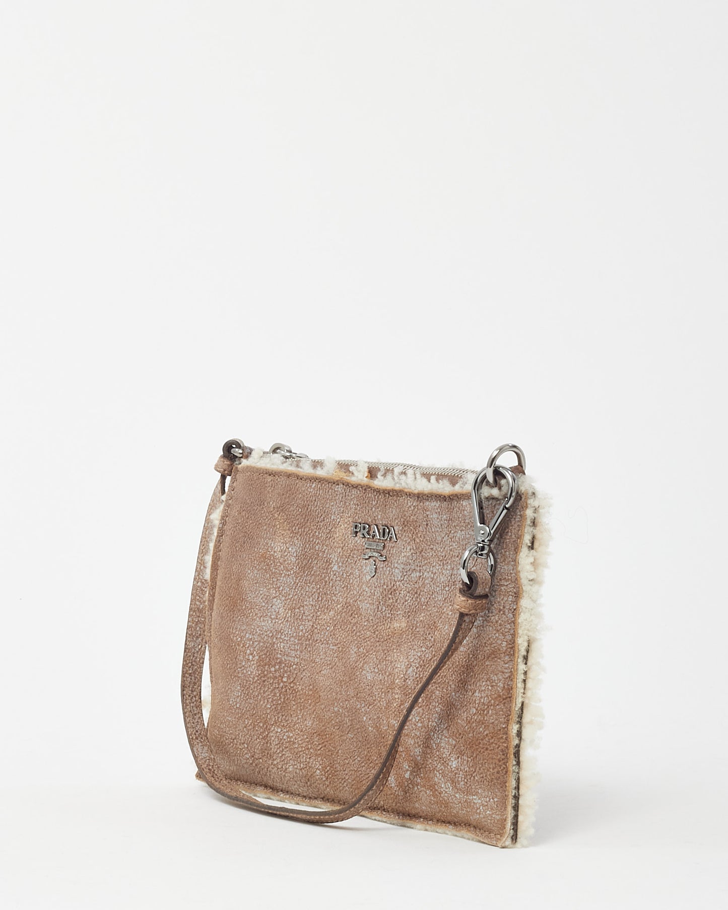 Prada Brown Suede and Shearling Pochette Shoulder Bag