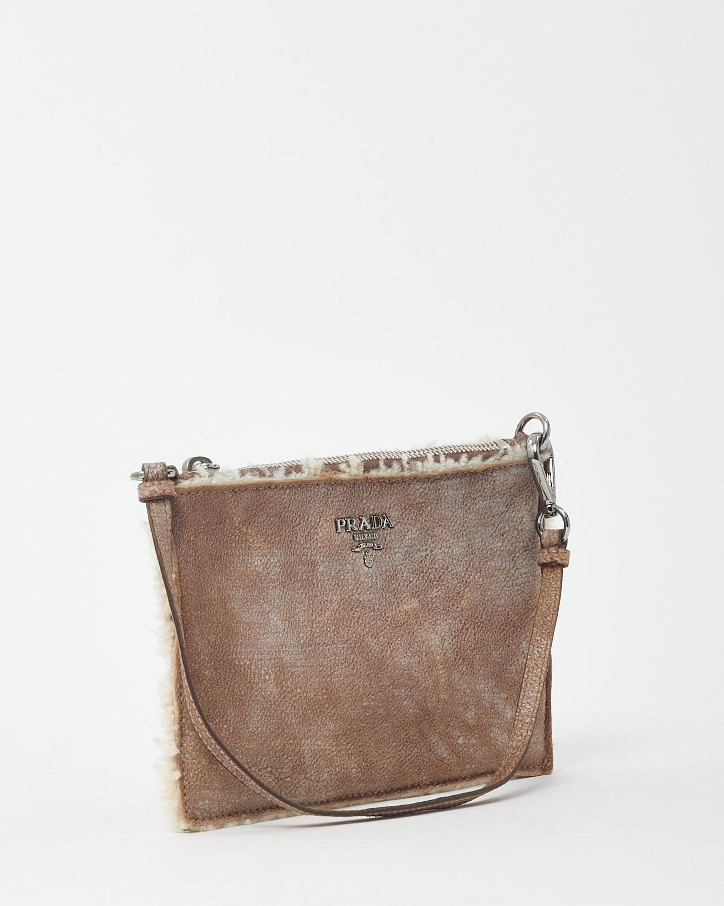 Prada Brown Suede and Shearling Pochette Shoulder Bag