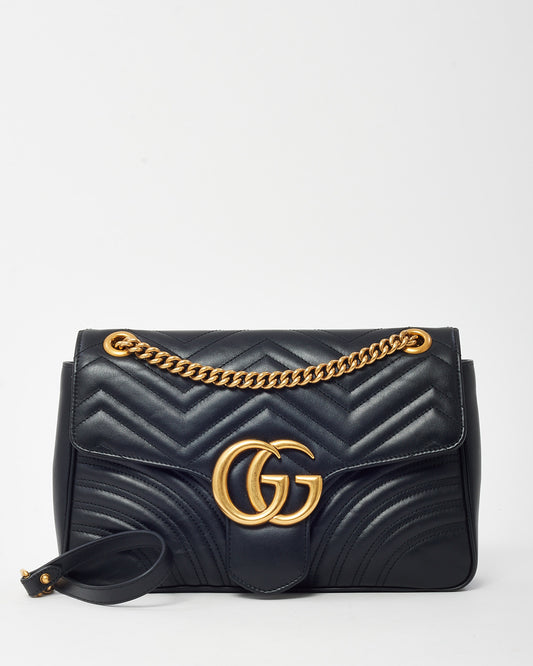 Gucci Black Matelassé Leather Medium GG Marmont Shoulder Bag