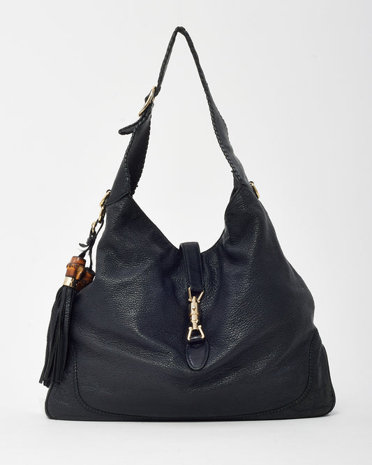 Gucci Black Pebbled Leather New Jackie Large Bamboo Shoulder Bag