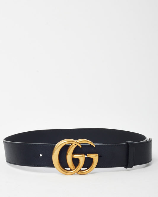 Gucci Black Smooth Leather Brushed Gold Double GG Marmont Belt - 80/32