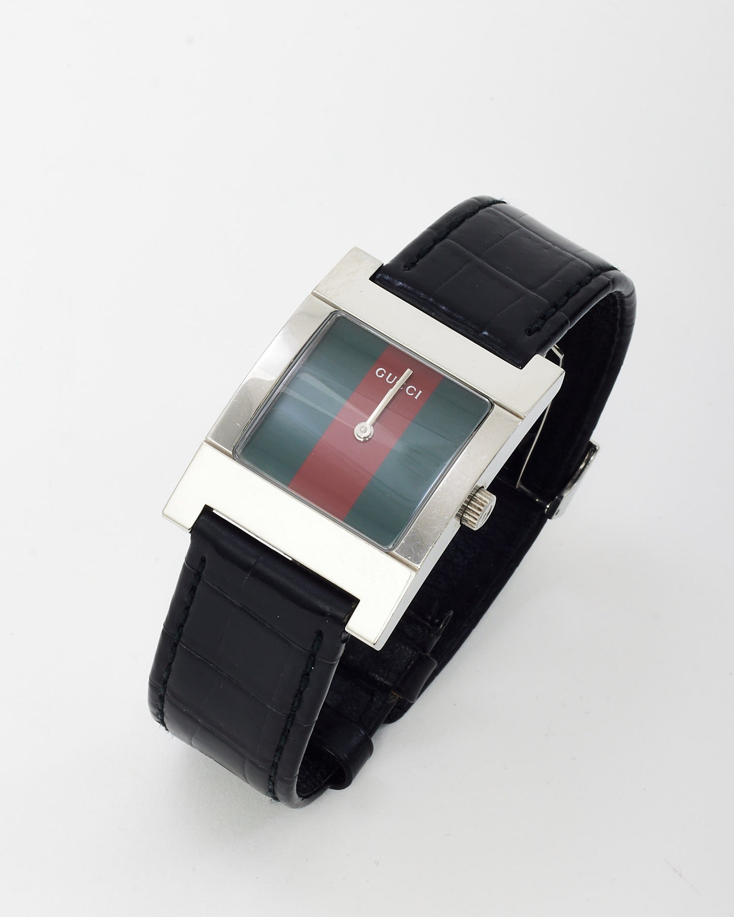 Gucci Men's Silver Stainless Steel Black Croc Leather Red/Green Dial 7700M Square Watch