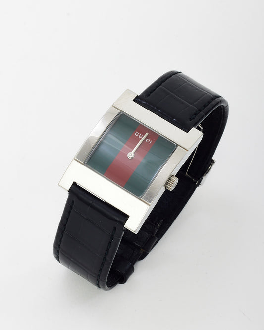 Gucci Men's Silver Stainless Steel Black Croc Leather Red/Green Dial 7700M Square Watch