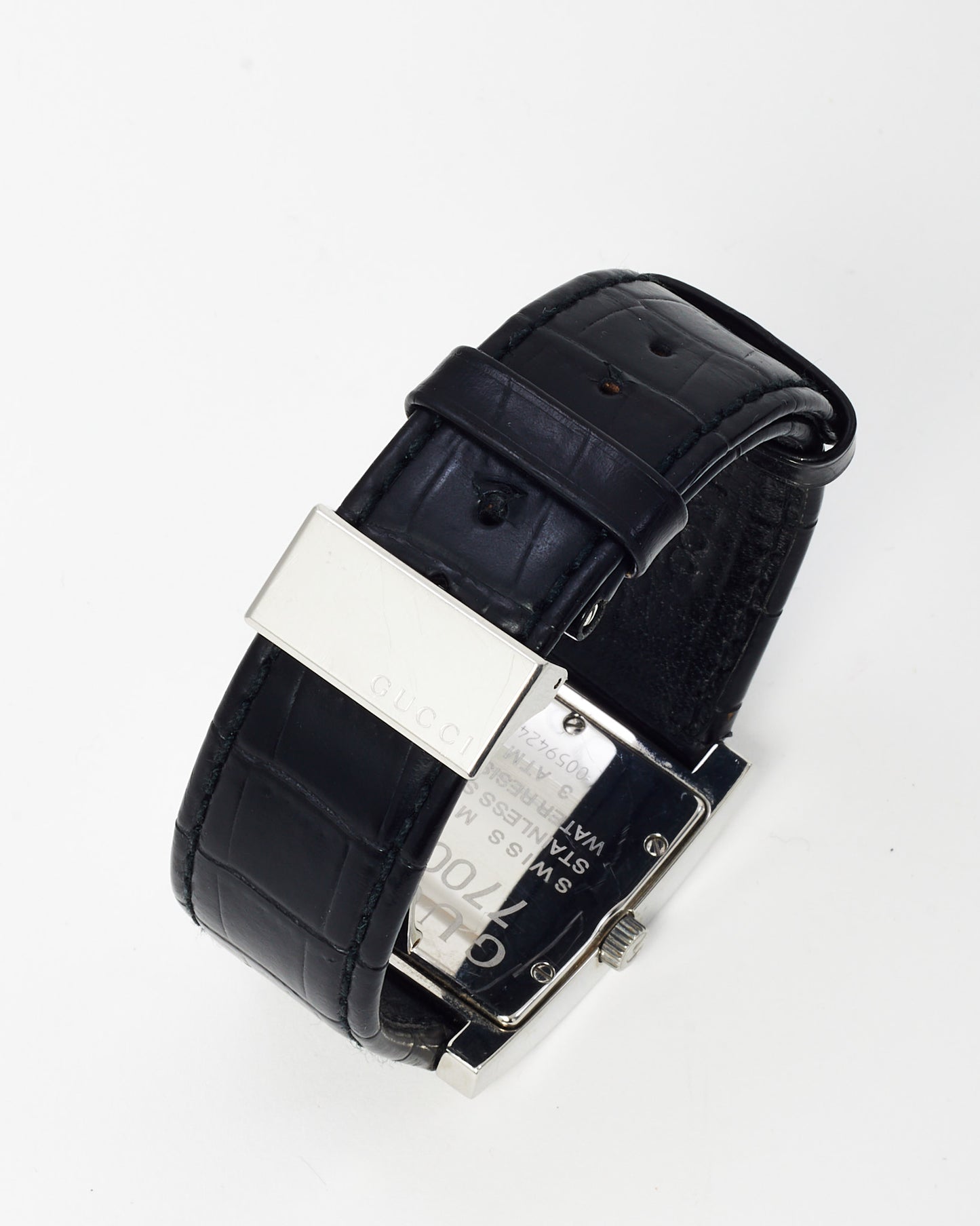 Gucci Men's Silver Stainless Steel Black Croc Leather Red/Green Dial 7700M Square Watch