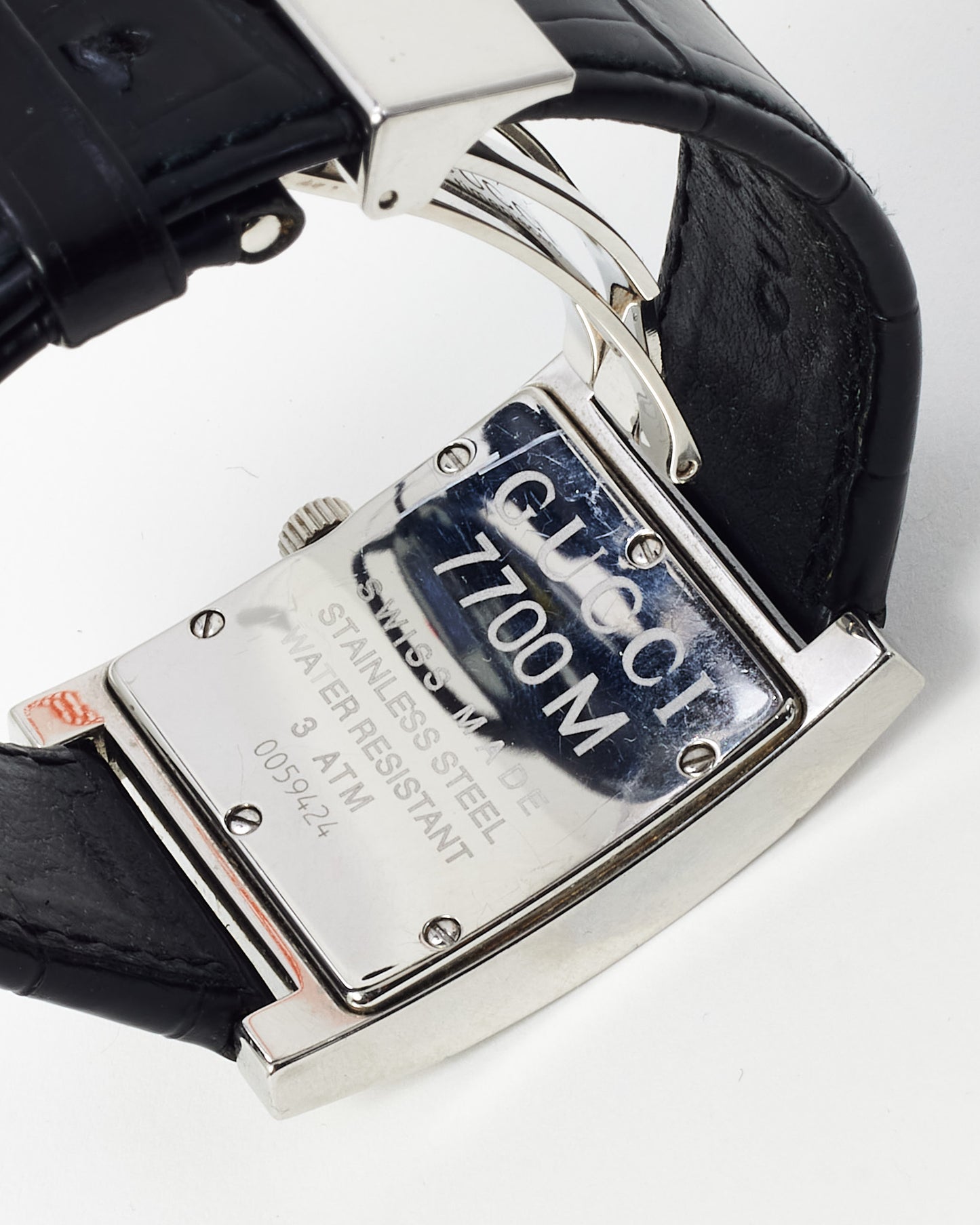 Gucci Men's Silver Stainless Steel Black Croc Leather Red/Green Dial 7700M Square Watch