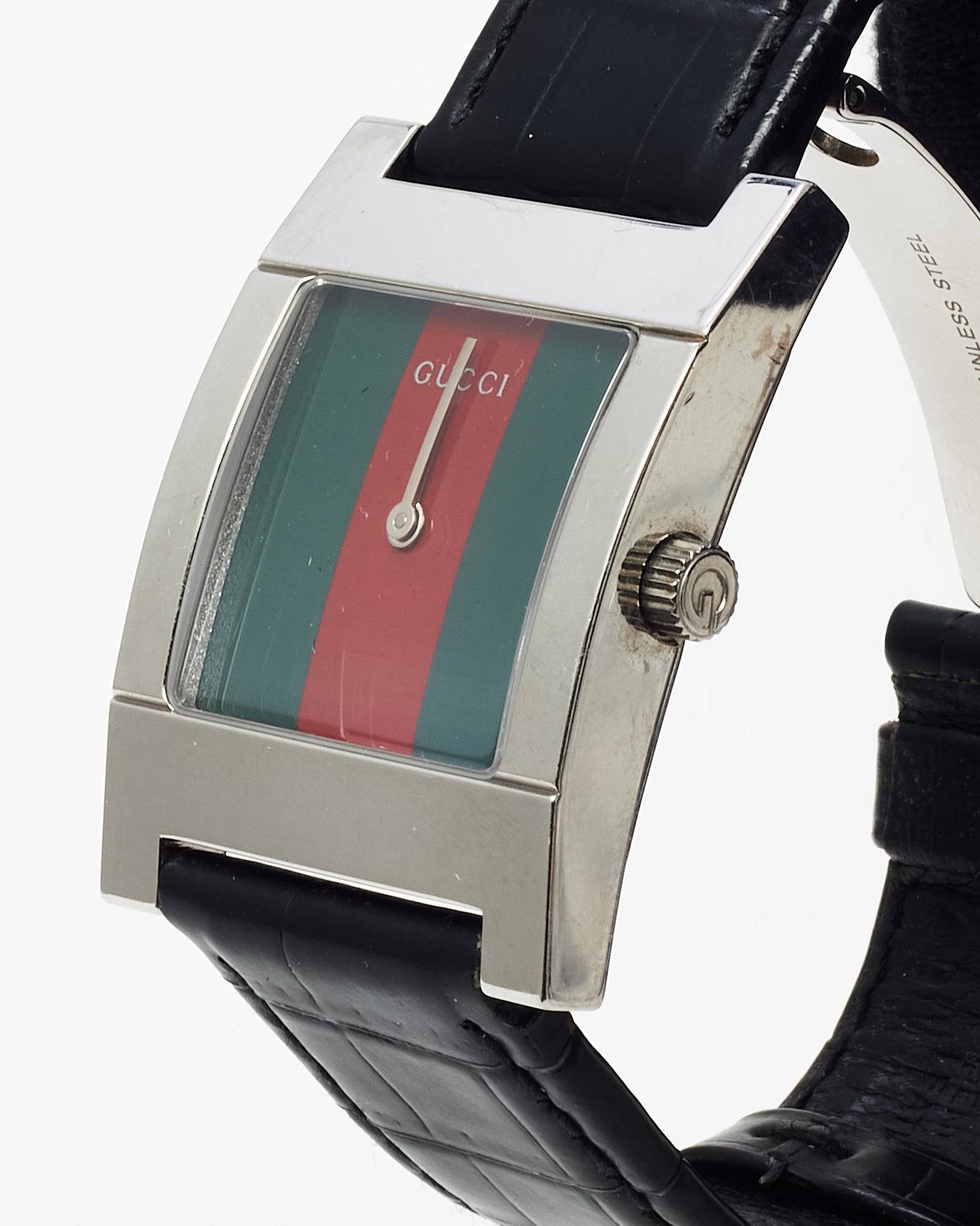 Gucci Men's Silver Stainless Steel Black Croc Leather Red/Green Dial 7700M Square Watch