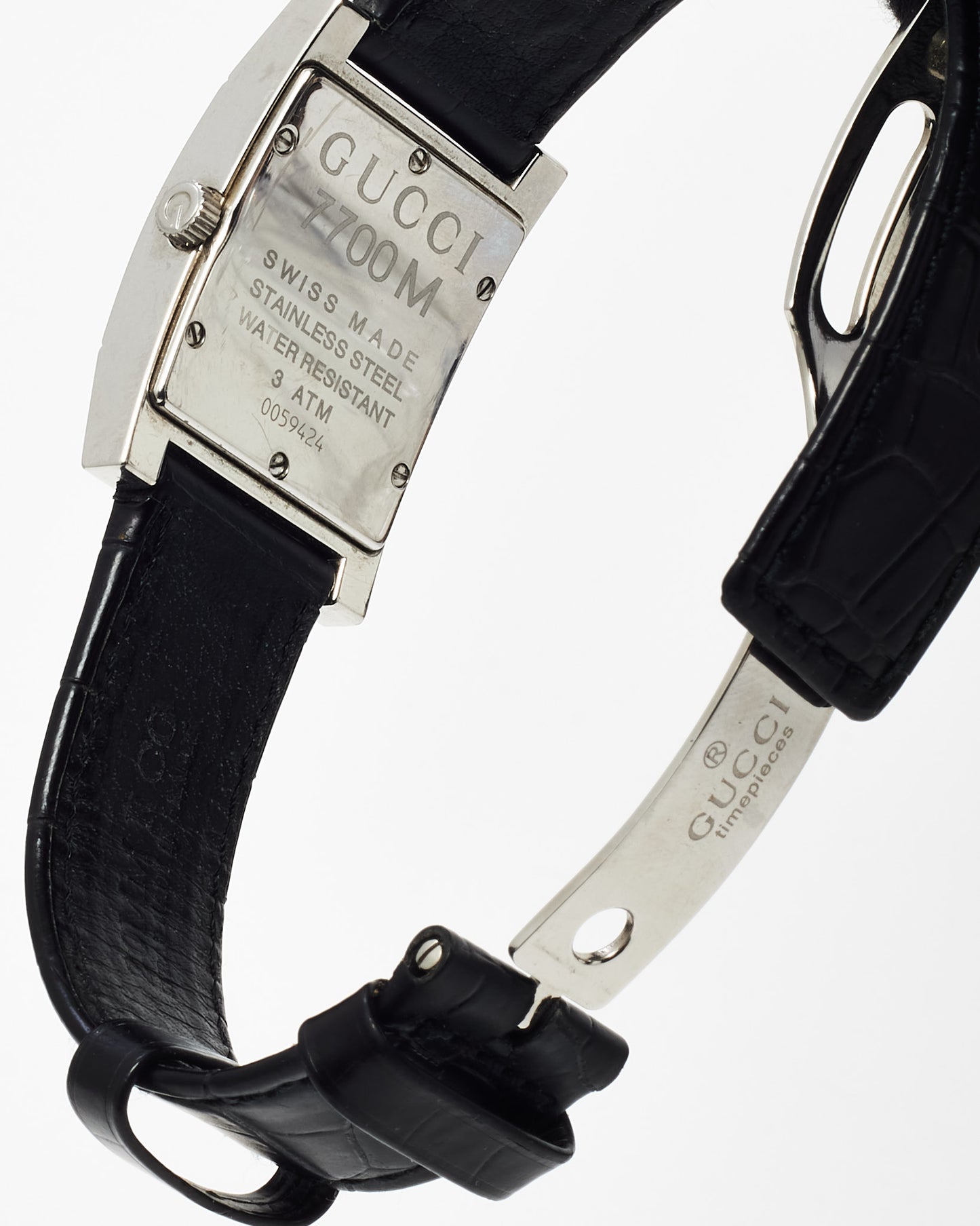 Gucci Men's Silver Stainless Steel Black Croc Leather Red/Green Dial 7700M Square Watch