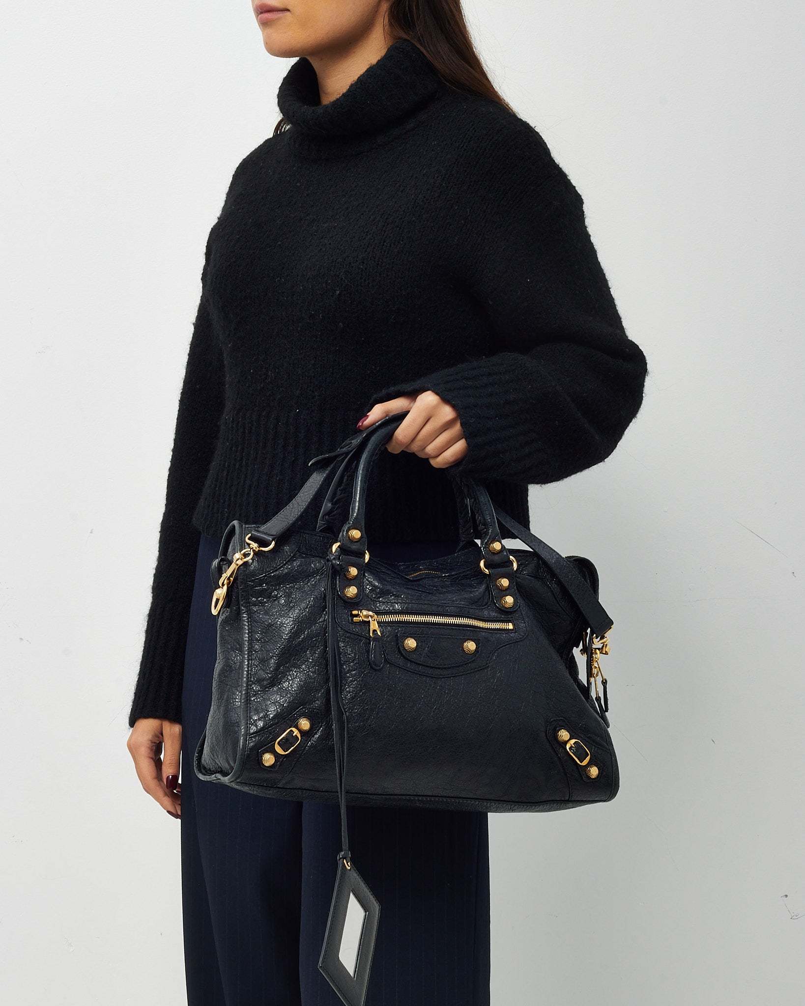 Buy Balenciaga Black Lambskin Leather Gold Giant 12 Stud Moto City