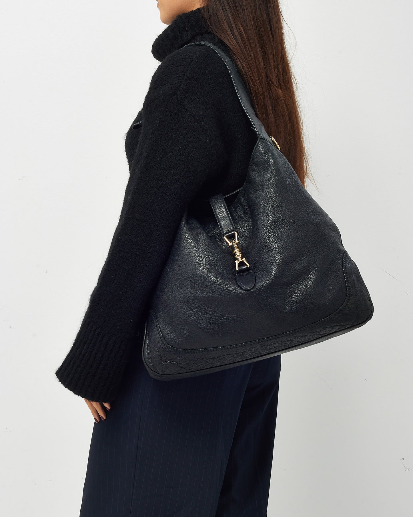 Gucci Black Pebbled Leather New Jackie Large Bamboo Shoulder Bag